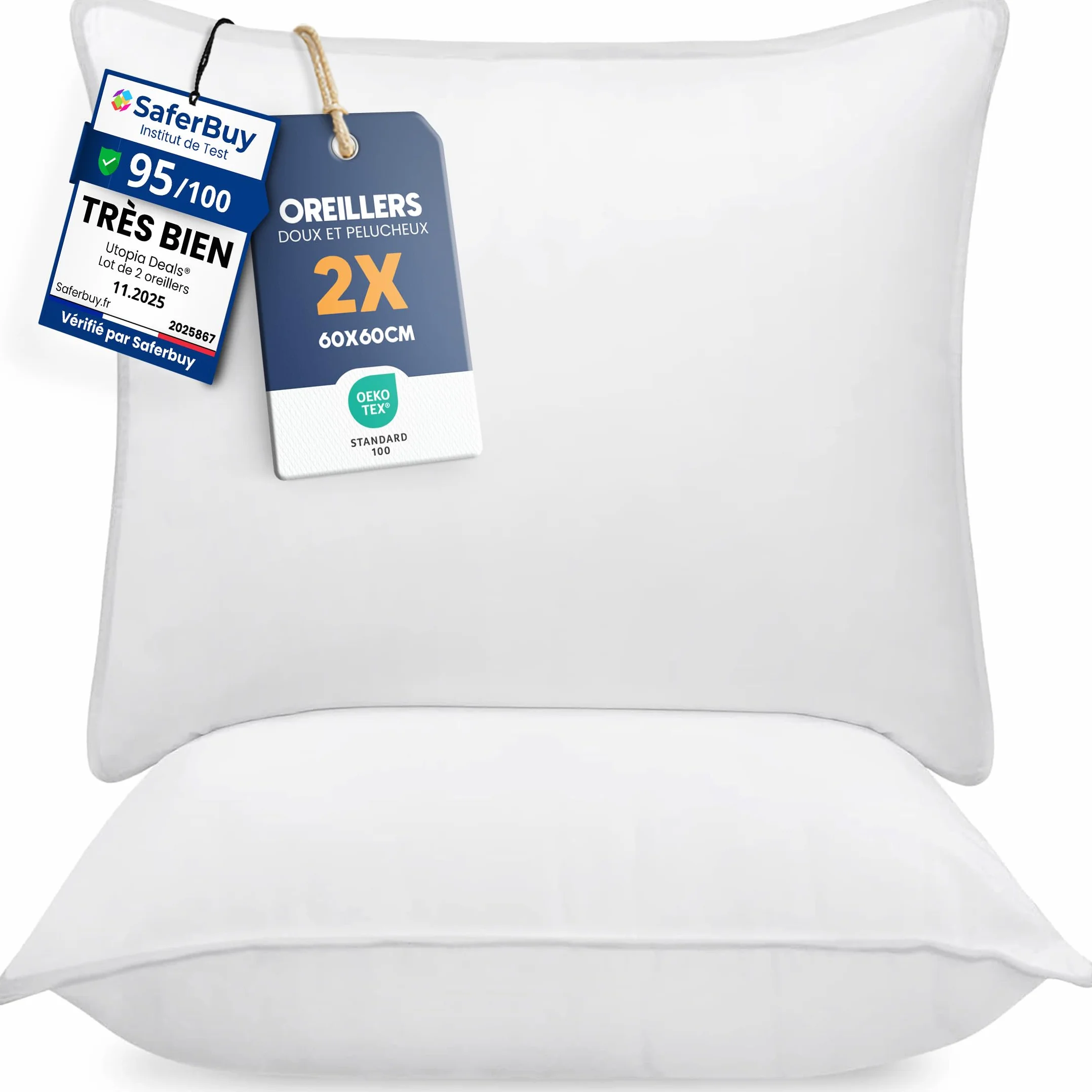 Utopia Bedding Oreiller Lot de 2 60x60 cm Coussin Respirant Doux Blanc