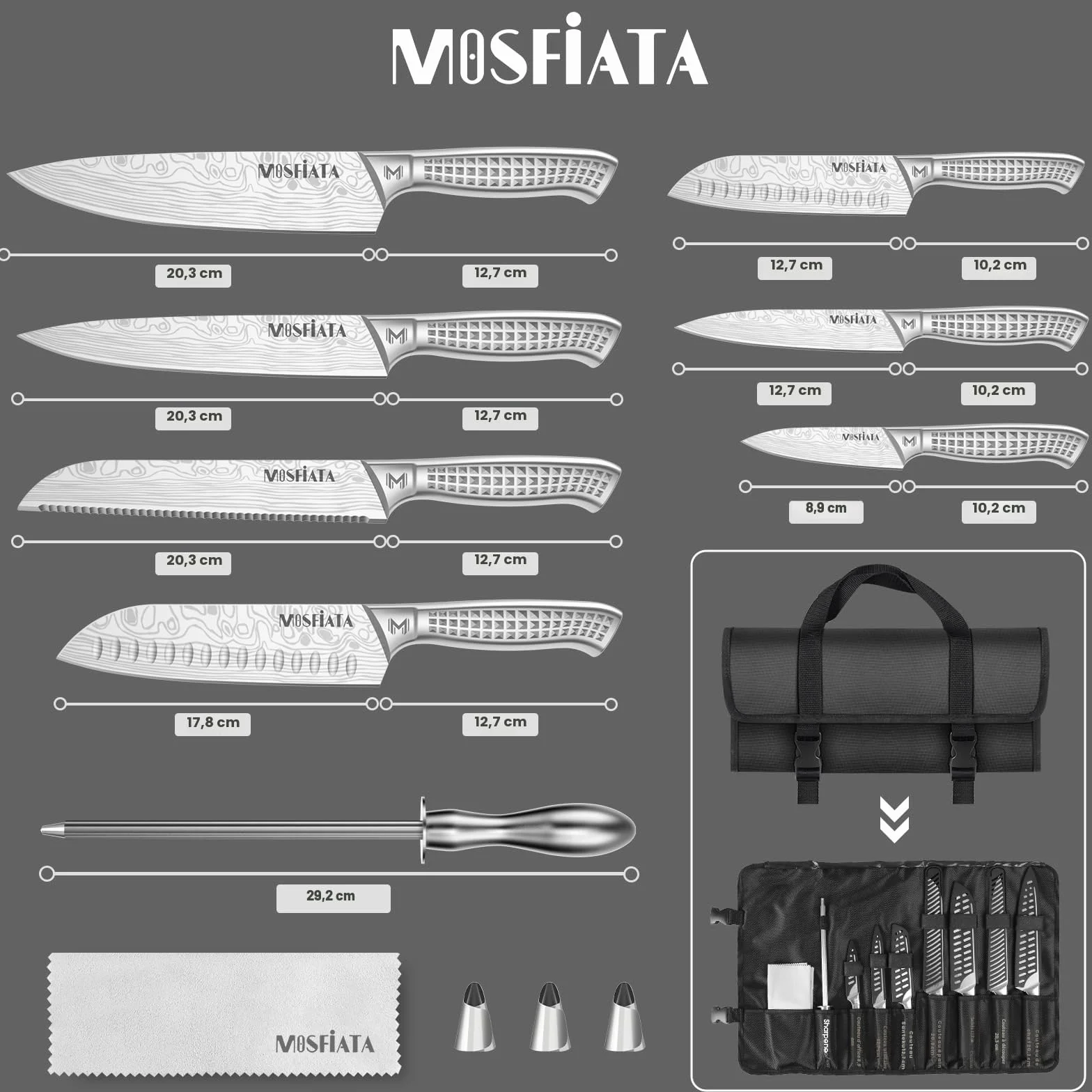 MOSFiATA Lot de 12 Couteaux de Cuisine en Acier Inoxydable Pour l'extérieur avec étui, Couteaux de Chef Tranchants, Protège-Doigts, Douilles de Sabre de Couteau, Baguette à Aiguiser, sac de Transport