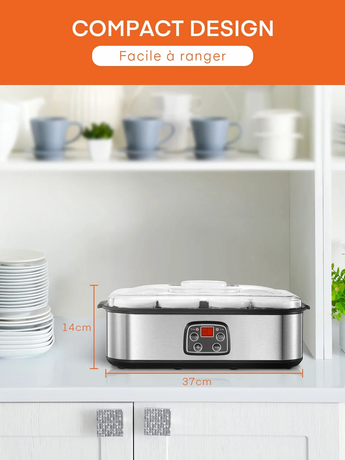 Yaourtière 8 Pots, 180ml Pot en Verre avec Couvercle, Yaourtière avec Écran Numérique, Thermostat Réglable et Minuterie, Arrêt Automatique, Idéal pour Famille et Yaourts Faits Maison