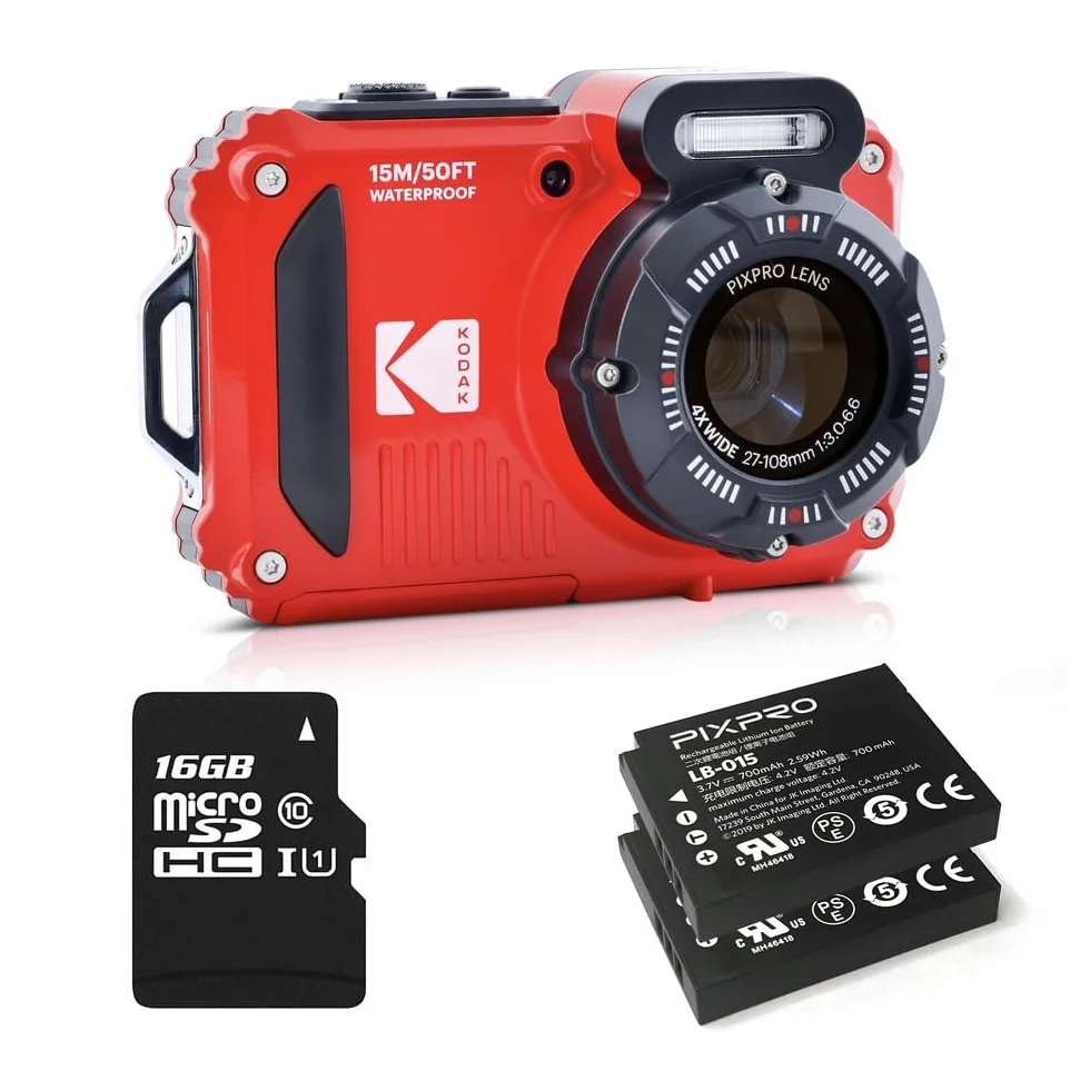 KODAK Pixpro Pack WPZ2 + 2 baterie + 1 karta SD, kompaktowy aparat cyfrowy 16 m pikseli, wodoodporny do 15 m, odporny na wstrząsy, wideo 720p, ekran LCD 2,7 - bateria litowo-jonowa - czerwony