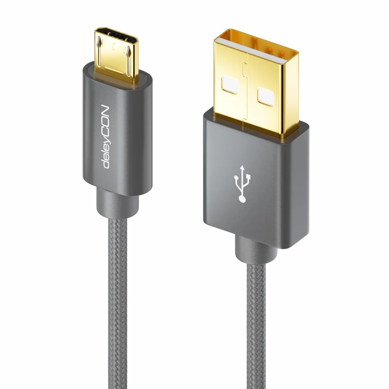 deleyCON Micro USB Kabel 3,0m z Nylonem + Metalowymi Wtykami - Kabel Ładowania Przewód Danych Szybkie Ładowanie do Smartfona, Tabletu, PC, Laptopa, Notebooka - Szary