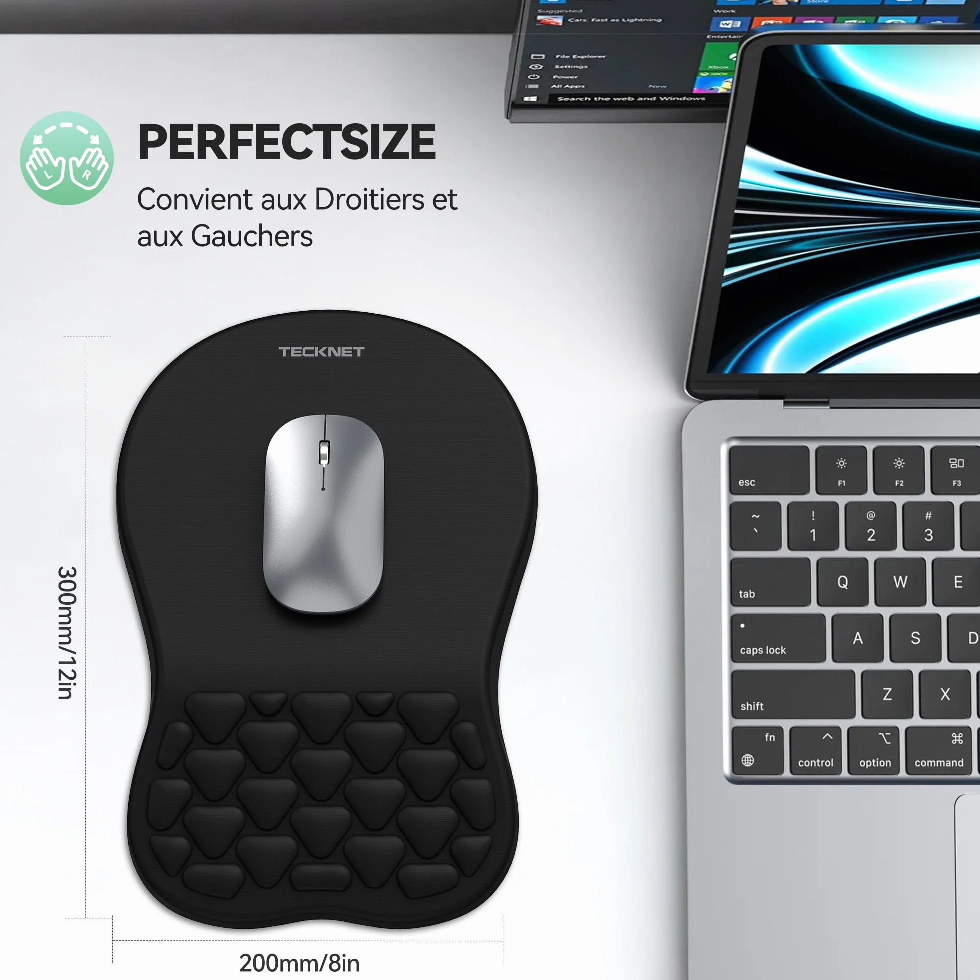 TECKNET Tapis de Souris avec Coussinet Massant Mousse Mémoire, Base Silicone Antidérapante Lavable