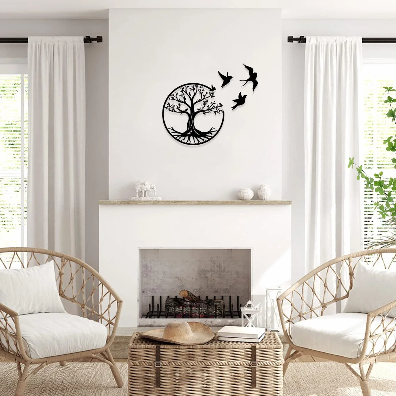 Pduoduo 30cm Arbre de vie en métal Décoration Murale avec Petit oiseau pour Jardin Maison (11.8 pouces)