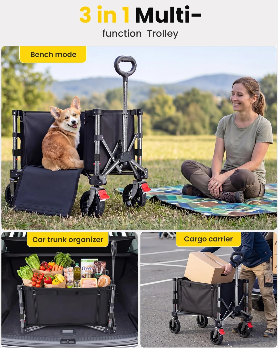 Chariot de Courses Pliable 70L 80kg Yeaupe Pro avec Fermeture Éclair et Poignée Réglable