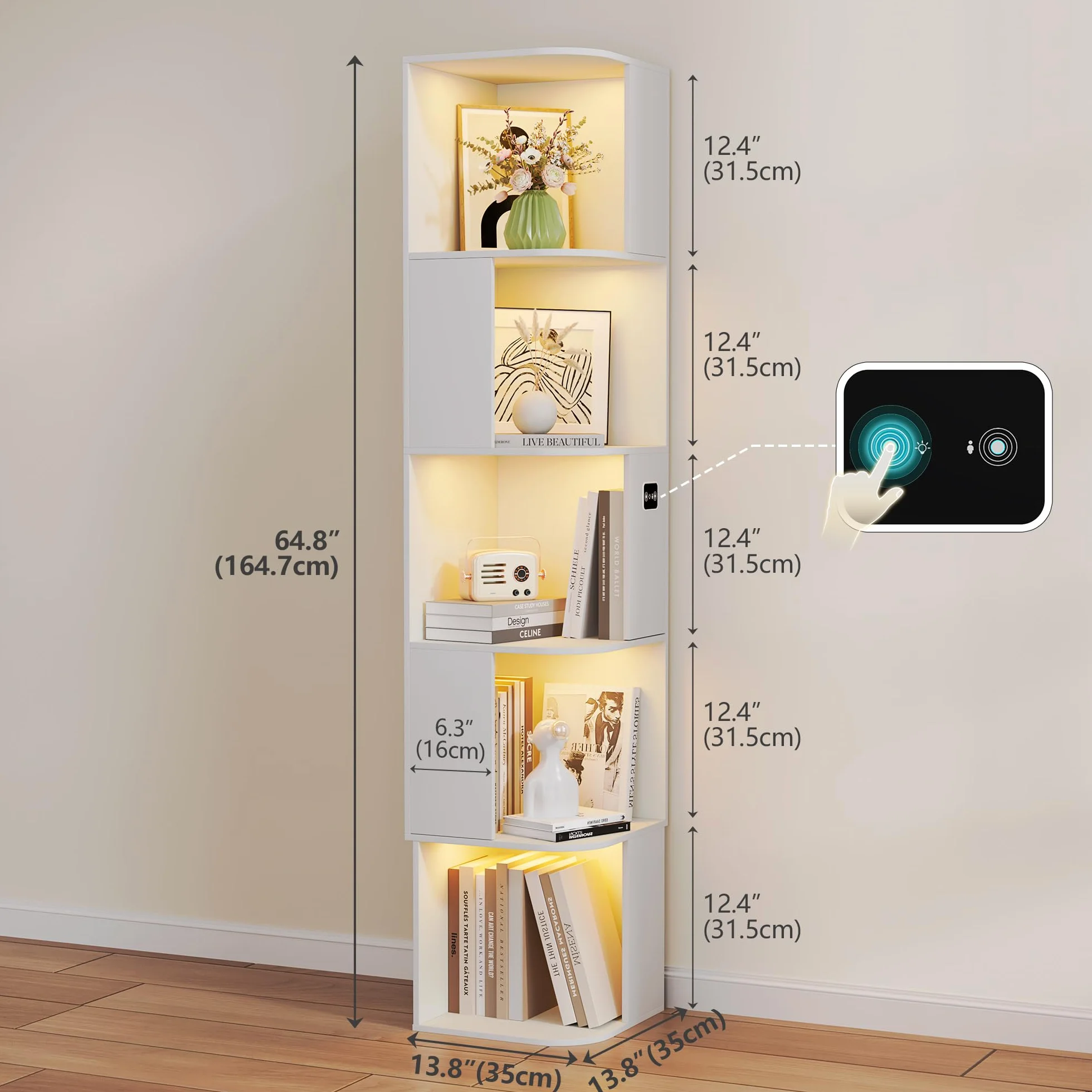 Gurexl 165 CM Vitrine avec Lumières LED 3 Couleurs,Asymétrique Bibliothèque avec étagères à 5 Niveau,Vitrine d'angle avec Capteur Humain pour Salon,Noir pour Salon,Bureau,Chambre,Blanc
