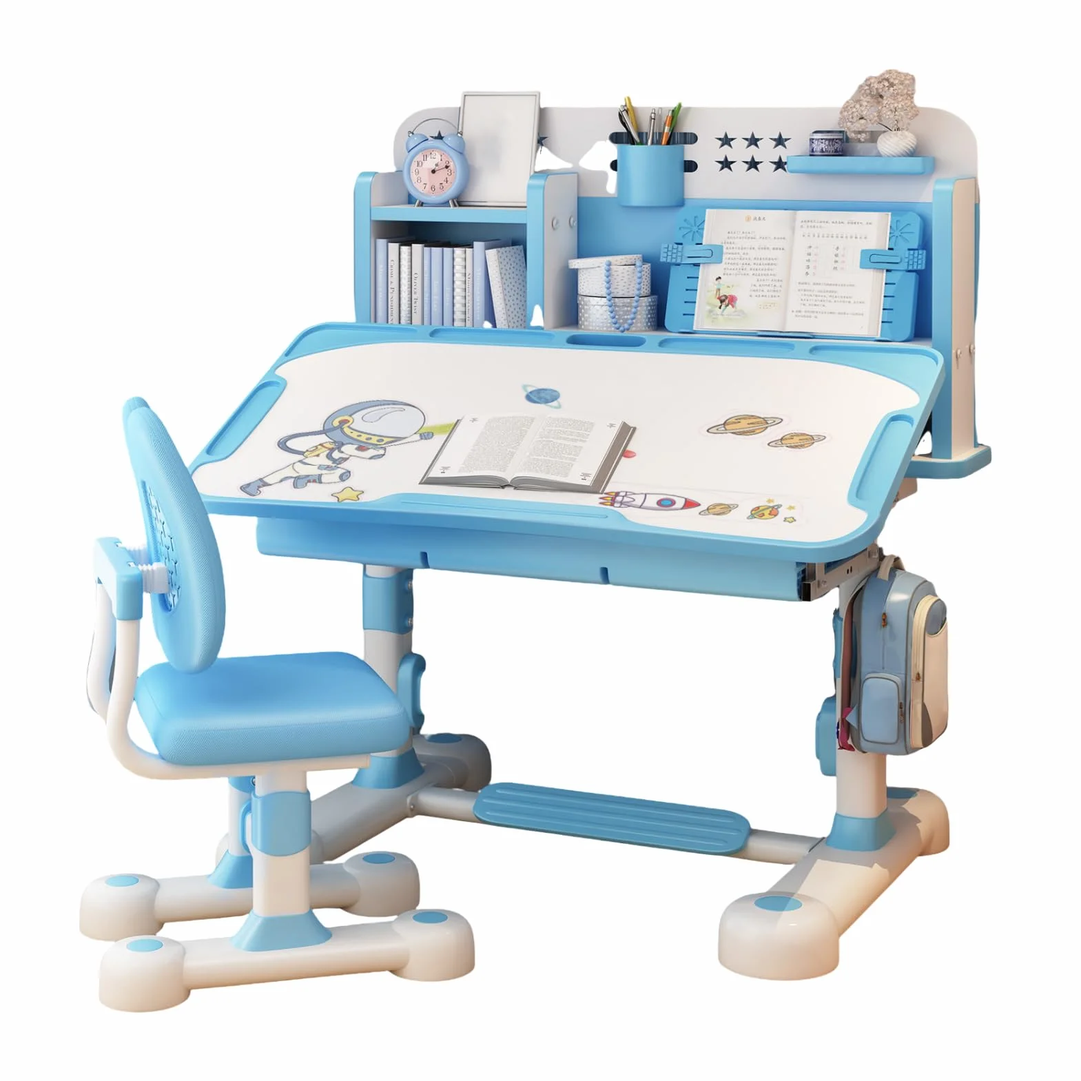 Ensemble Bureau et Chaise d'Étude pour Enfants, Bureau Évolutif avec Correcteur de Posture, Chaise Ergonomique, Support à Livres, Pédale et Design à Partitions (Bleu)