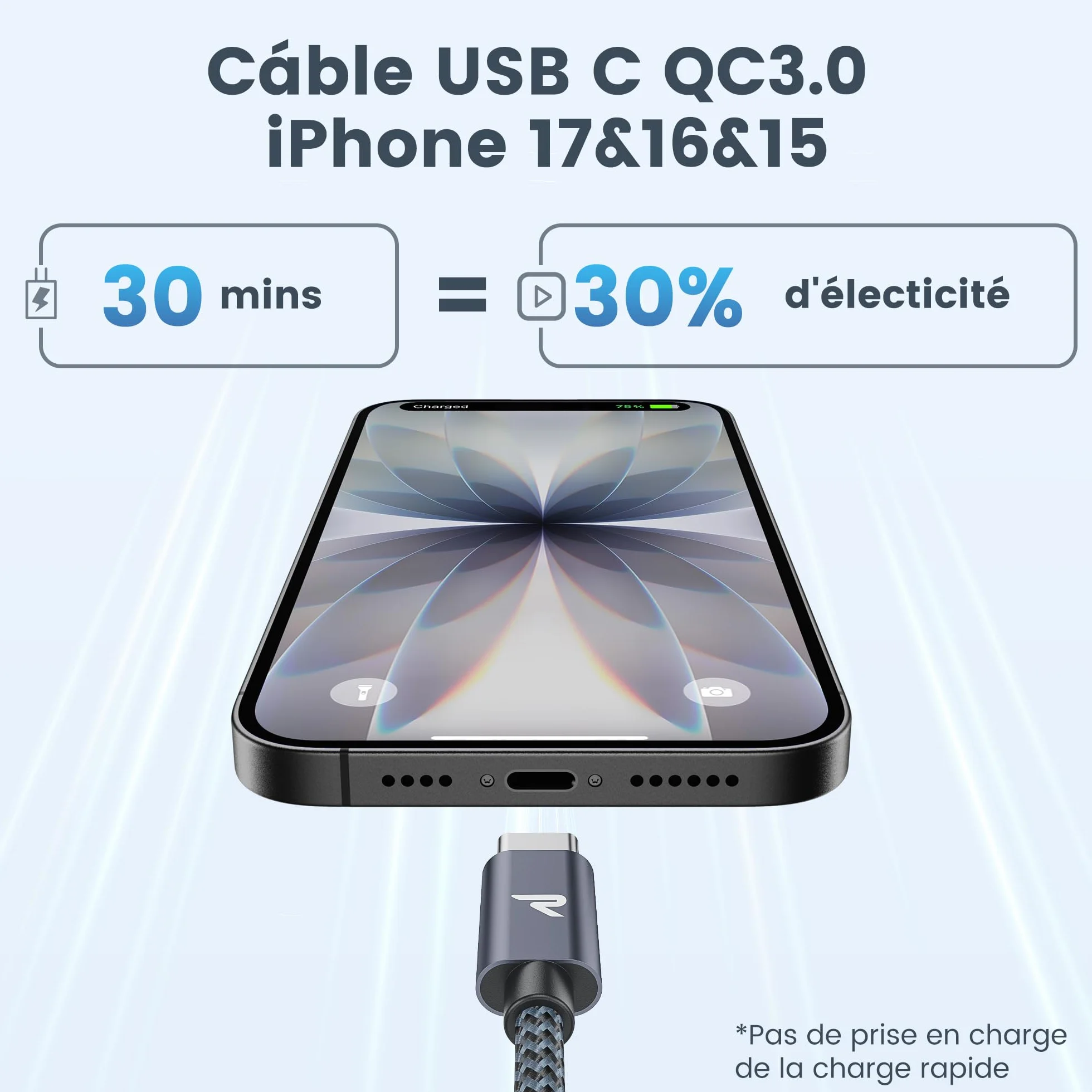 RAMPOW Cable USB C Charge Rapide 3A USB3.0 QC3.0 Nylon Tressé Compatible iPhone 17 Pro Max Air 16/15 Samsung S22 S21 S20 S10 Xiaomi Sony Gris Sidéral 1M
