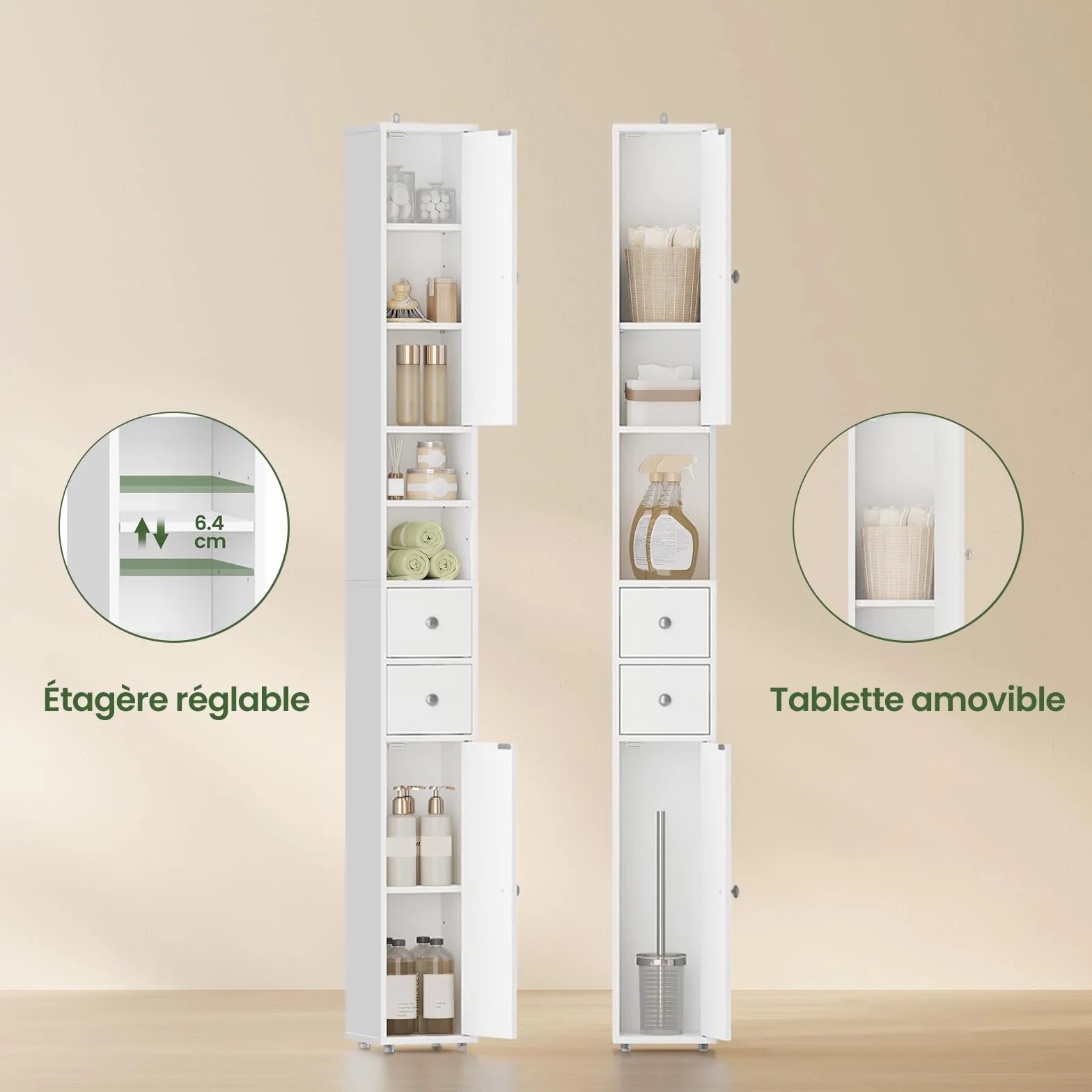 EUGAD Meuble Colonne de Salle de Bains, Armoire Rangement WC avec 2 Tiroirs, 2 Portes, Étagères Réglables et Compartiments Ouverts, Blanc, 20x20x180cm