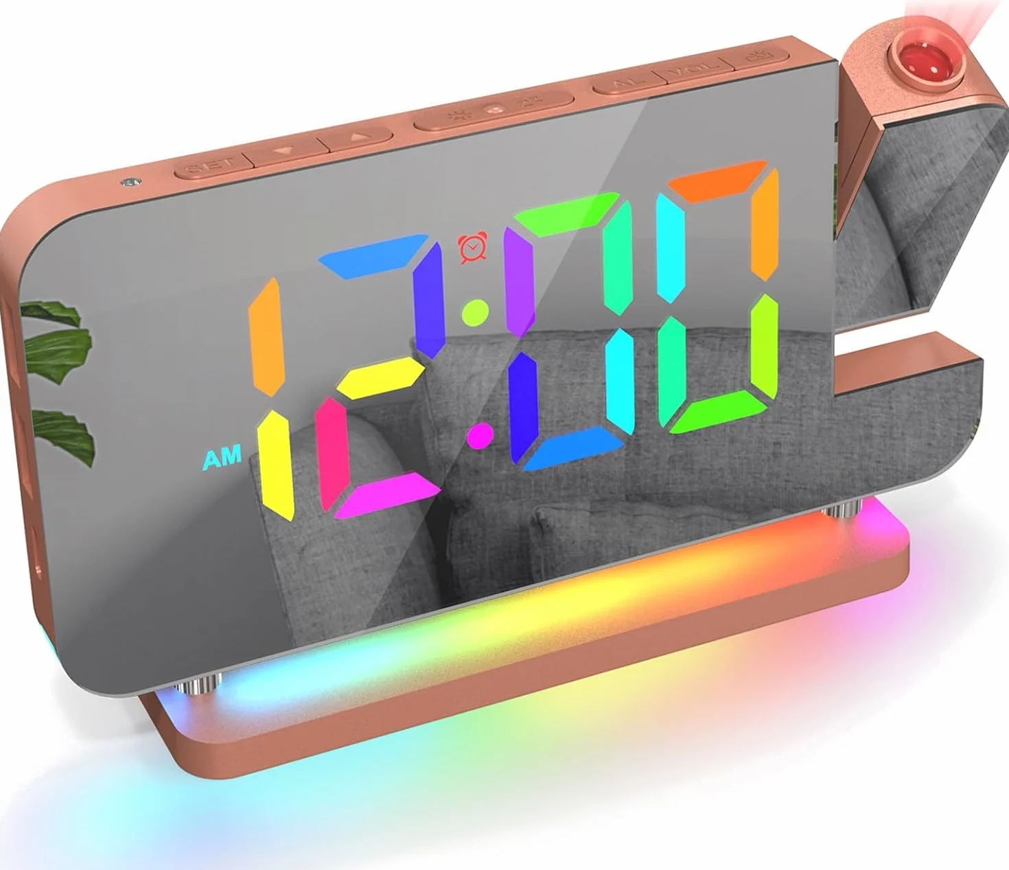 Euakee Réveil Numérique LED Miroir 7.4" Projecteur Rotatif 180° Chargeur USB-C Veilleuse 10 Couleurs