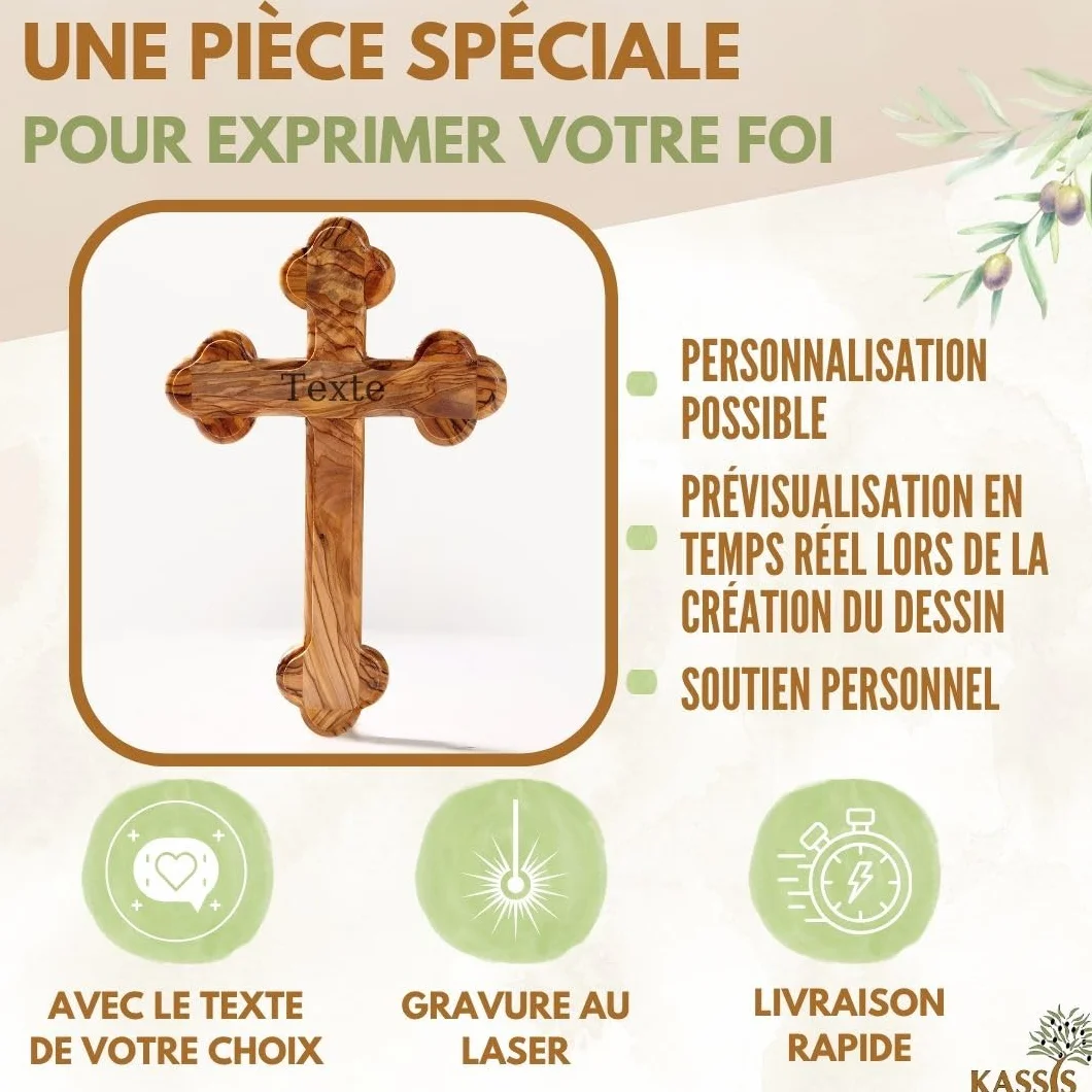 Croix murale en bois d'olivier – Croix chrétienne faite main à Bethléem – 12 x 8 cm, Bords arrondis