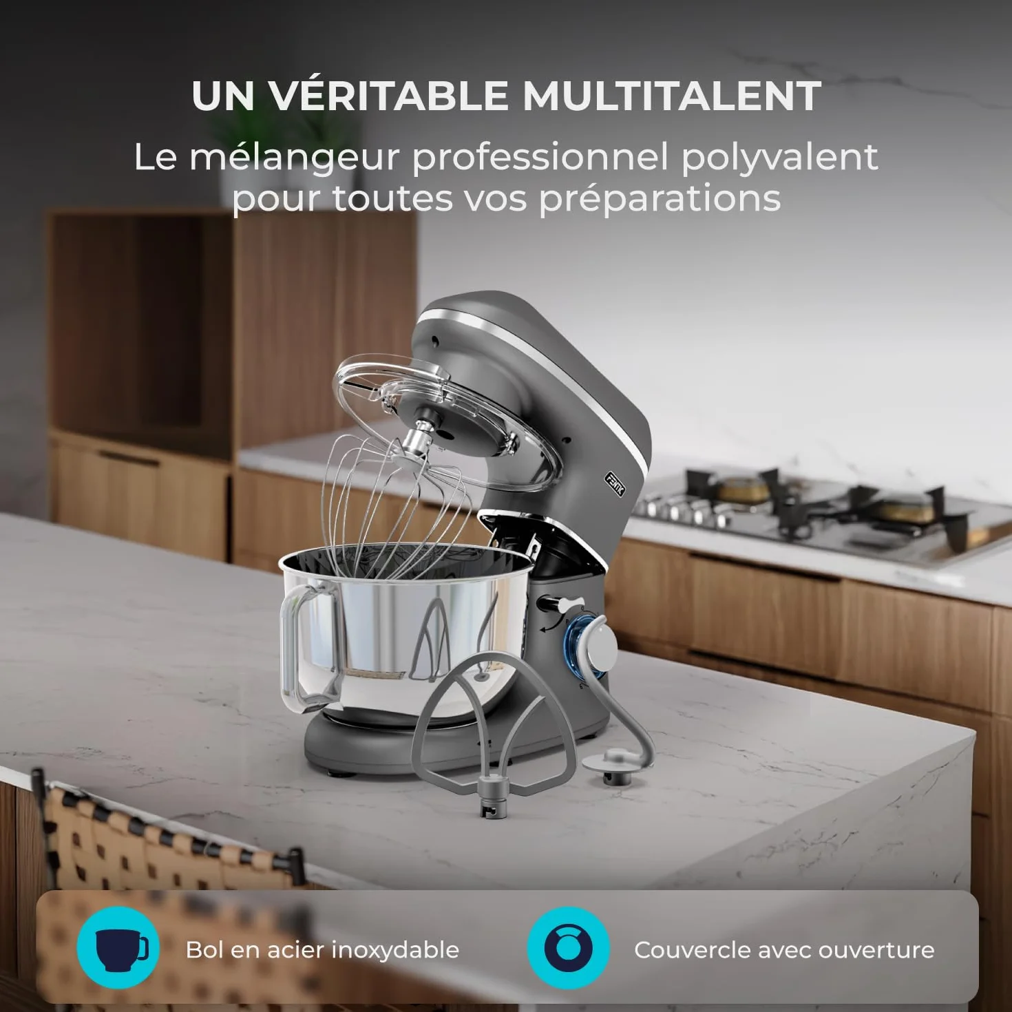 Robot Pâtissier – 2000W – Bol mélangeur en acier inoxydable (6,2L) – Avec fouet, Crochet pétrisseur et Batteur plat – Incl. et accessoires supplémentaires (Anthracite)