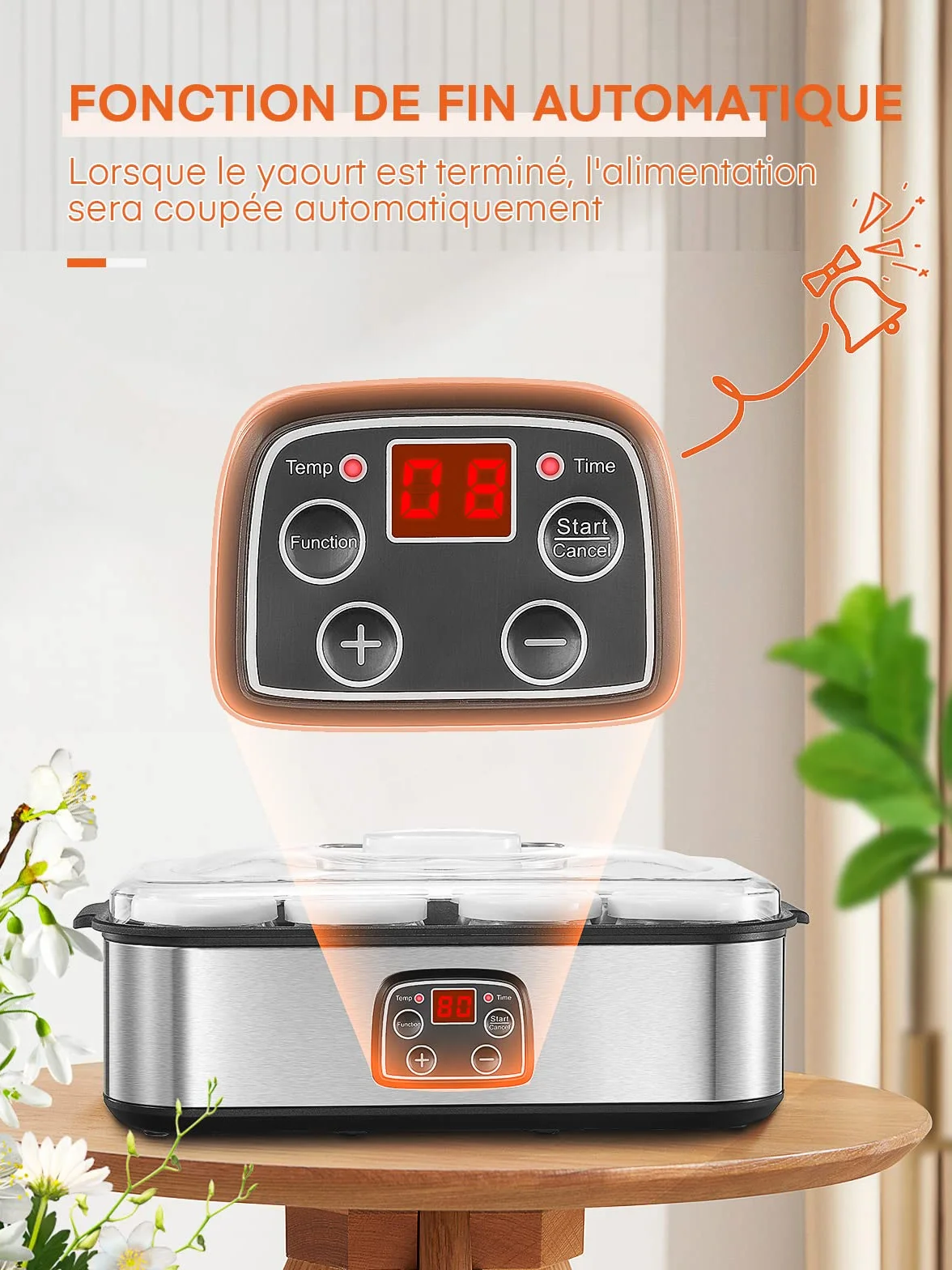 Yaourtière 8 Pots, 180ml Pot en Verre avec Couvercle, Yaourtière avec Écran Numérique, Thermostat Réglable et Minuterie, Arrêt Automatique, Idéal pour Famille et Yaourts Faits Maison