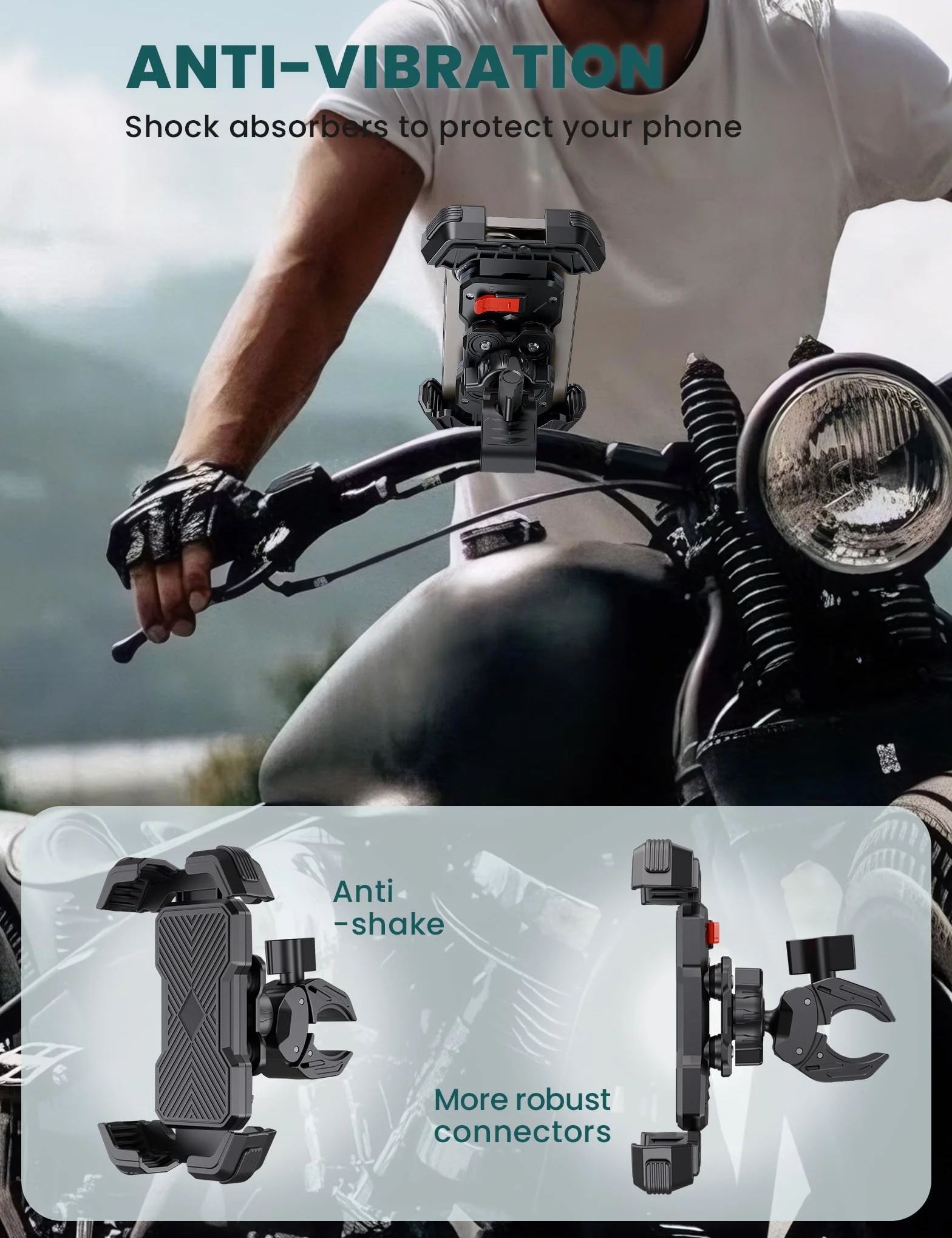 Grefay Uchwyt na telefon komórkowy do motocykla Uchwyt na telefon komórkowy do roweru [2025 Podwójna amortyzacja drgań] Uchwyt na kierownicę do iPhone'a 16 15 14 13 12 Pro Max,smartfon (czarny)