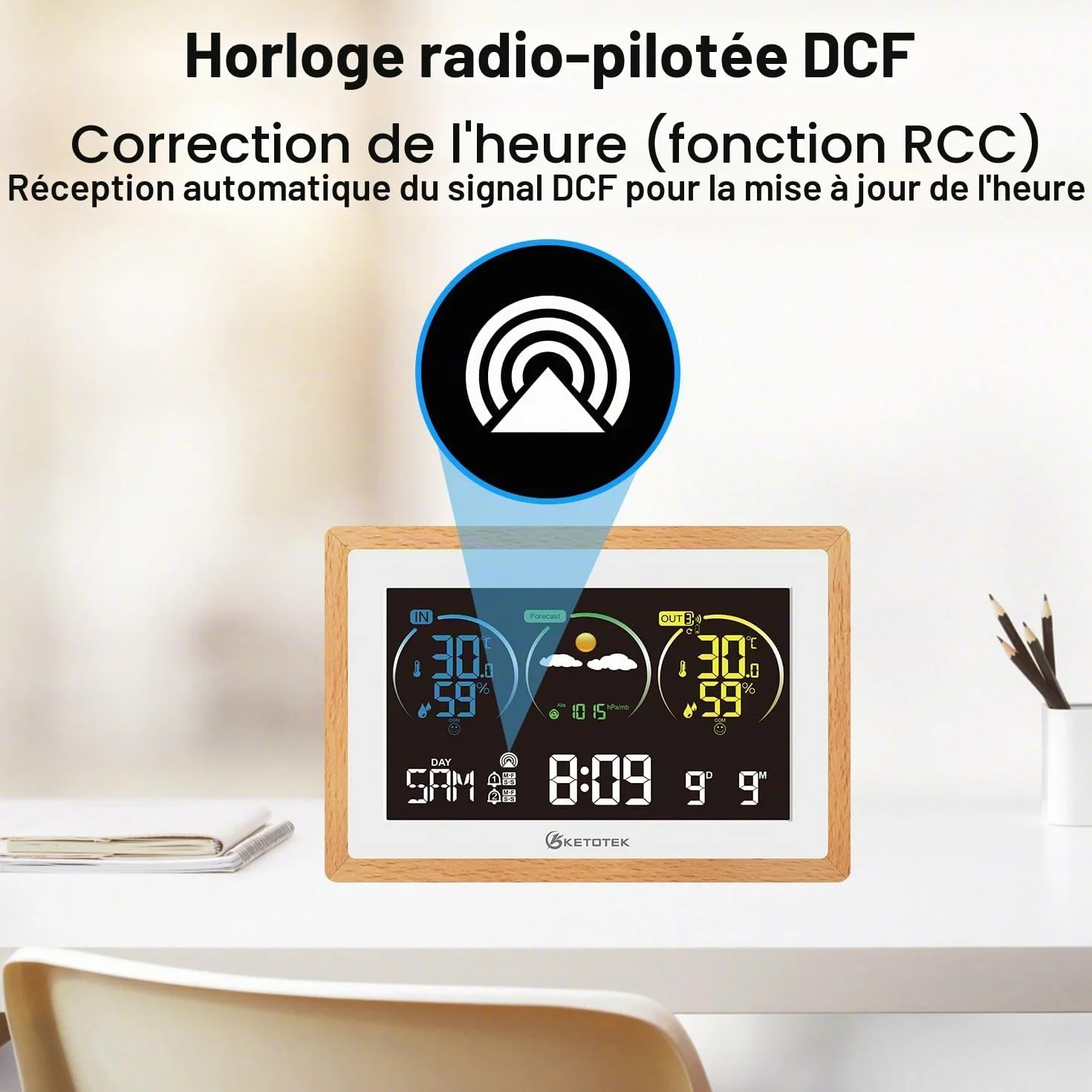 KETOTEK Station Météo Sans Fil avec Capteur Extérieur Thermomètre Hygromètre Horloge Radio-pilotée DCF Prévisions Réveil Rétro-éclairage