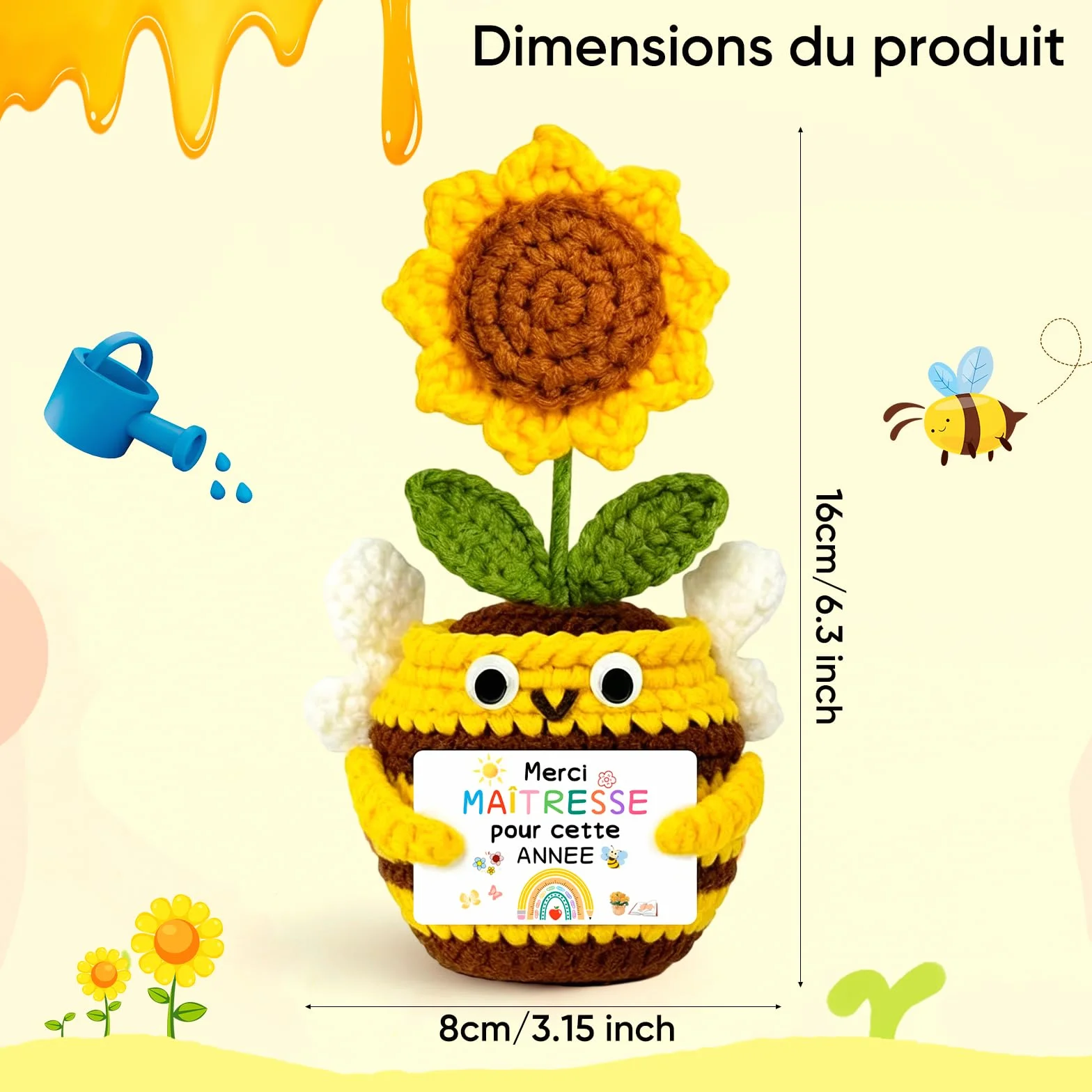 Peluche Abeille Tournesol Crochetée à la Main avec Carte Merci Maitresse