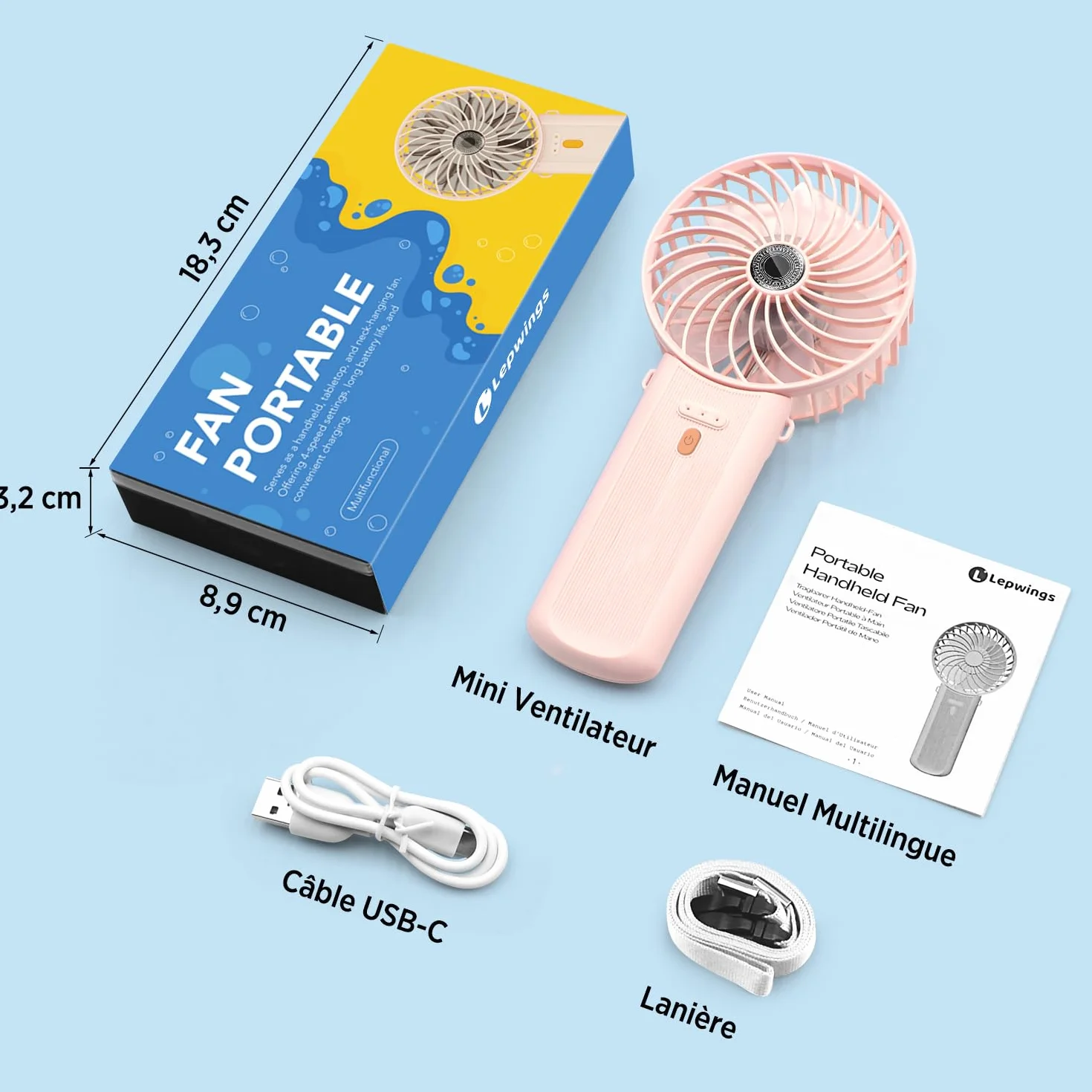 Lepwings Mini Ventilateur Portable USB Rechargeable 4 Vitesses Autonomie 5,5-16 Heures Rotation 180° Pliable Blanc