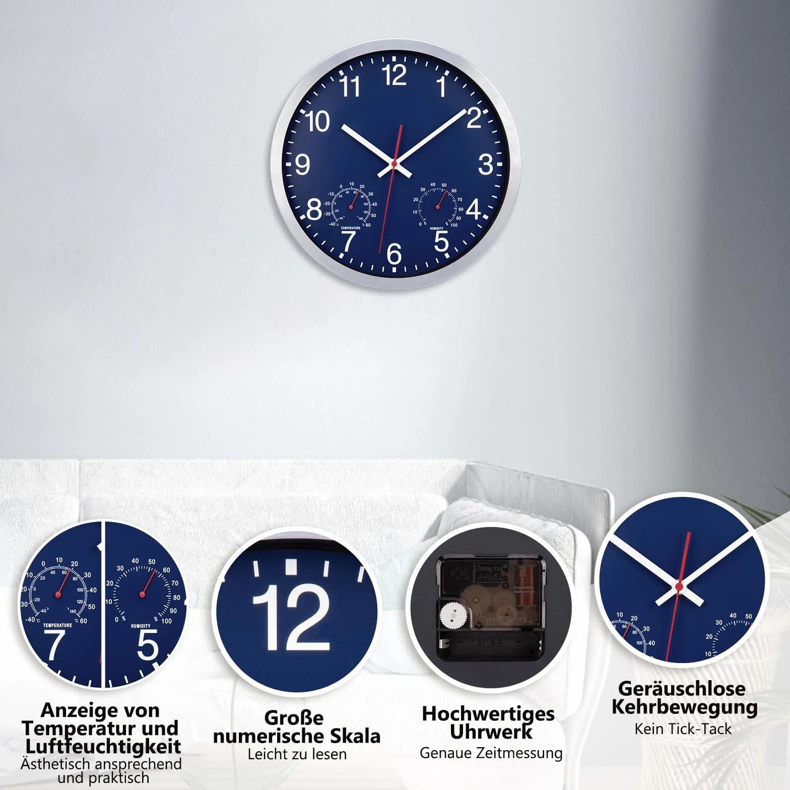 ACCSHINE Horloge Murale Extérieure 30 cm étanche avec Affichage Température Humidité