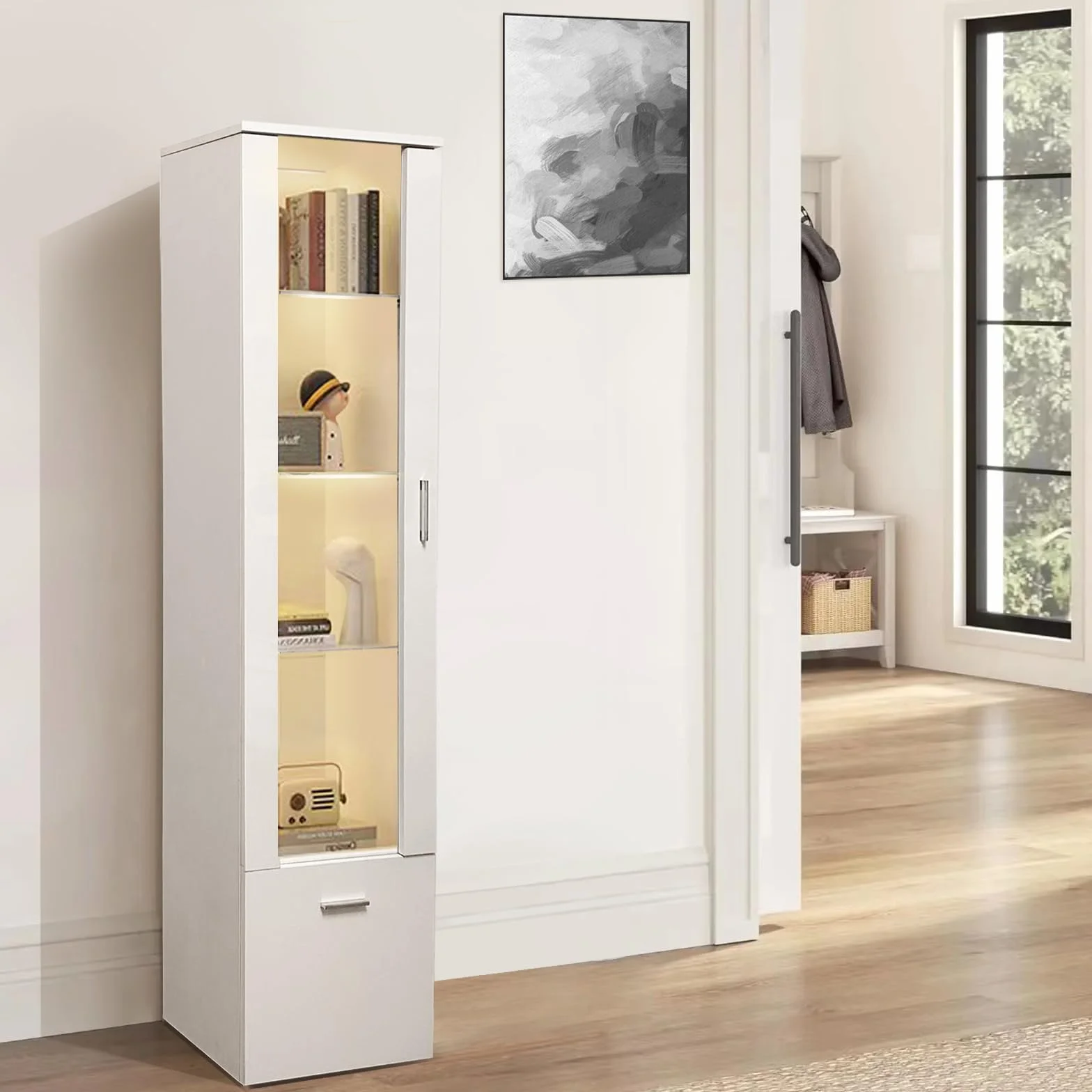 Lot de 2 Vitrines LED avec Porte et Etagères en Verre, Lumières Armoire à Meuble de Rangement pour Salon Bureau, 42 x 30 x 160 cm (Blanc)