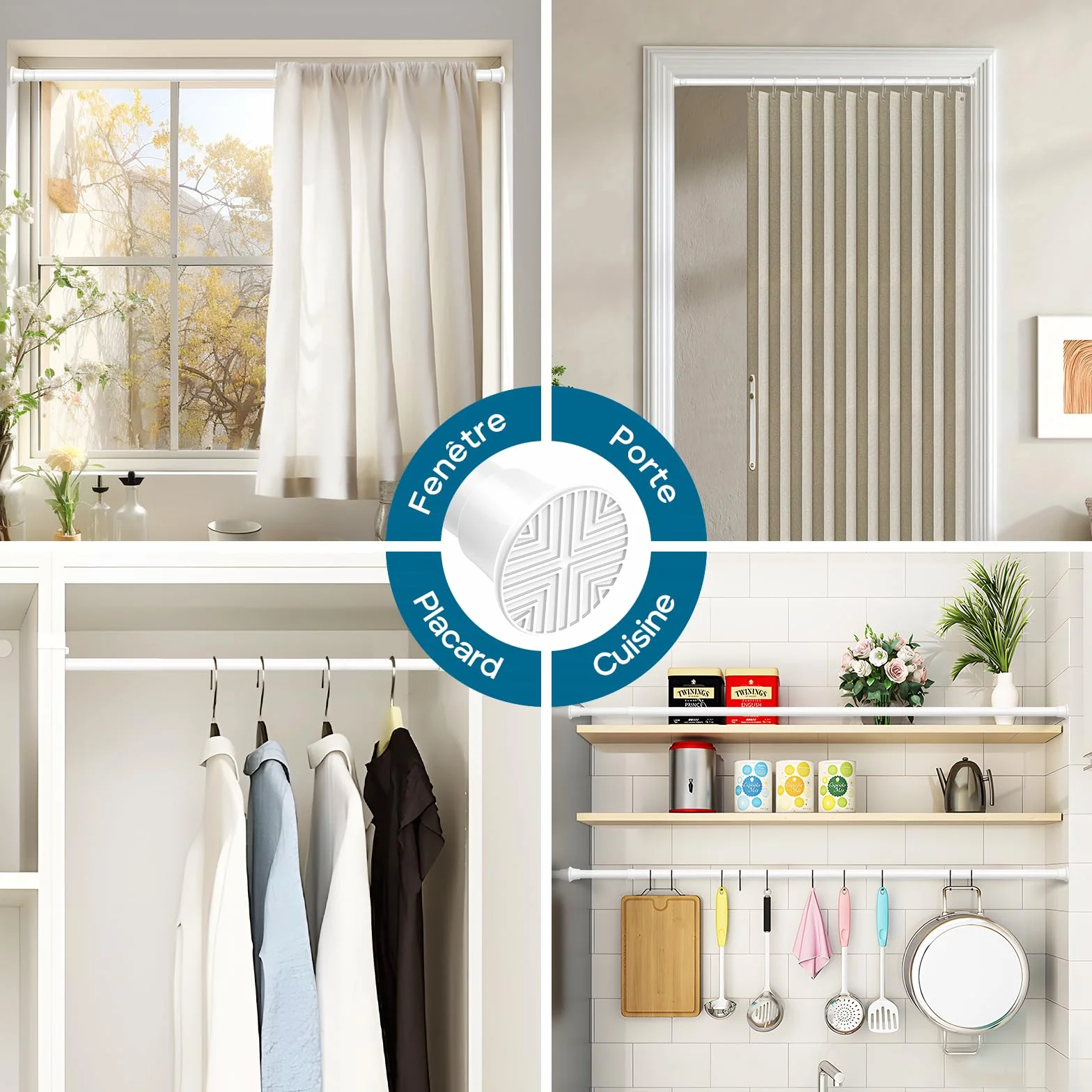 AIZESI Barre Rideau Sans Percage Extensible 60-120 cm Blanc Diamètre 18 mm