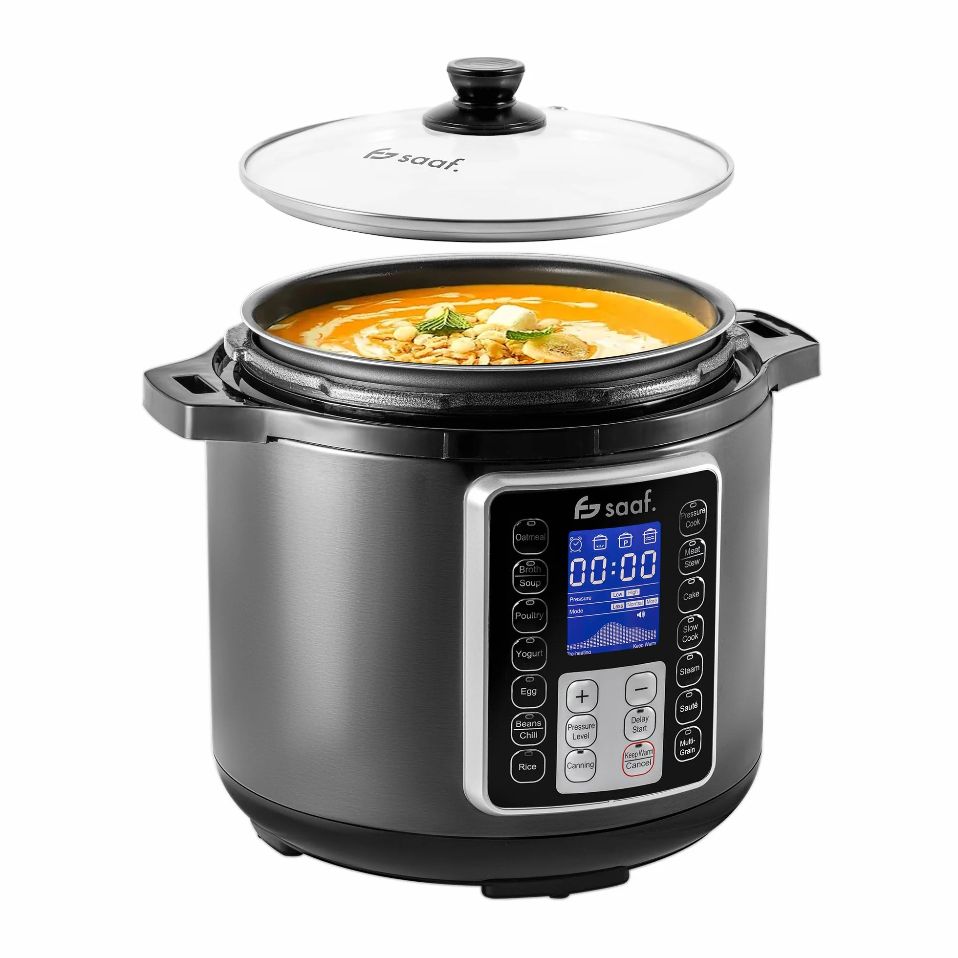Saaf Multicuiseur – Set 11 Pièces – 12 Programmes – Slowcooker, Cuiseur à Riz, Vapeur & Cocotte-Minute – 6L – Avec Couvercle, Cuve, Cuillère, Verre Doseur & Livre de Recettes – Écran Digital