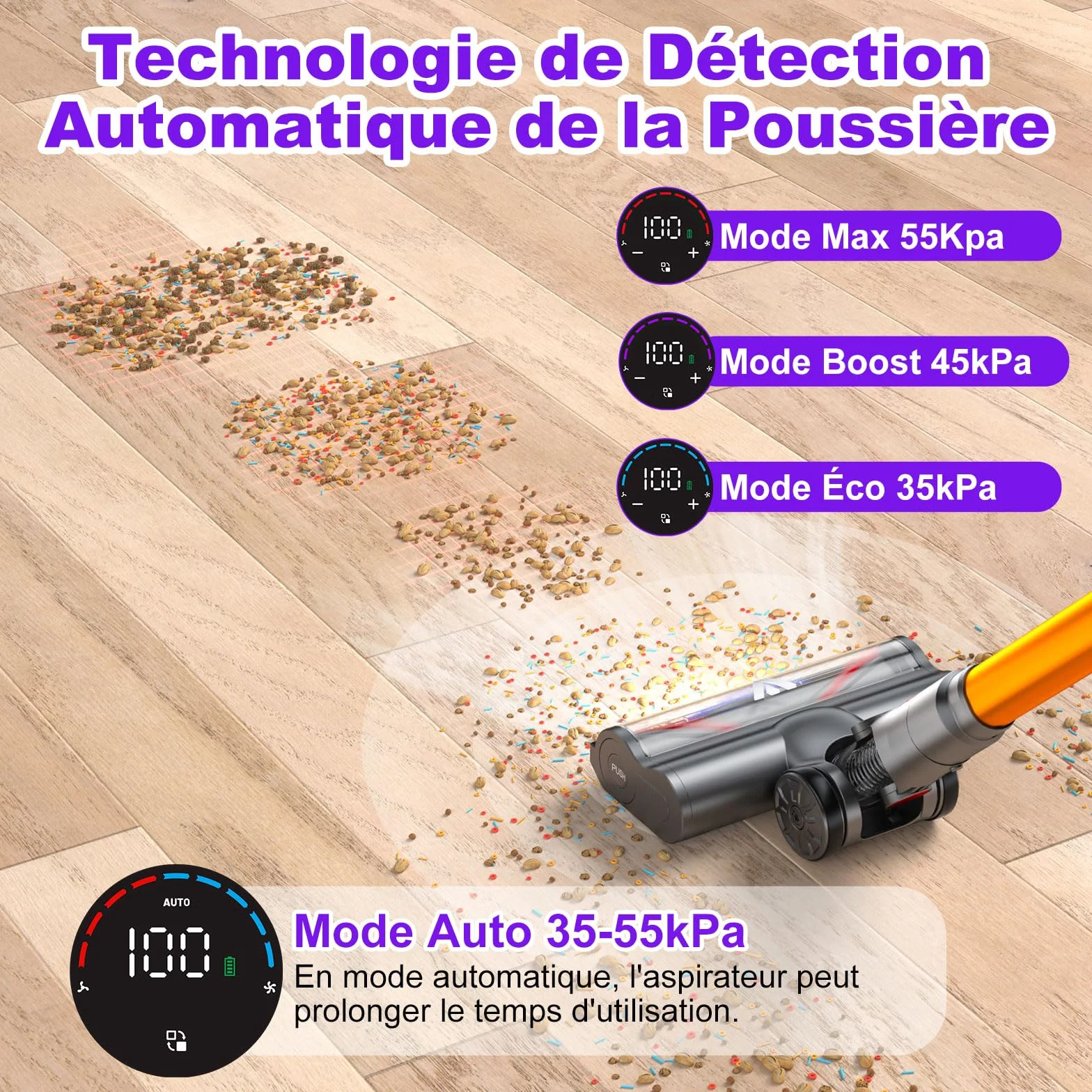 coovy SU7 Aspirateur Balai sans Fil 580W/55Kpa/75Mins, Aspirateur Puissant, Détection Poussière, Écrans Tactiles LED, Brosse Anti-Emmêlement Vacuum Cleaner pour Sols Durs Tapis Voiture