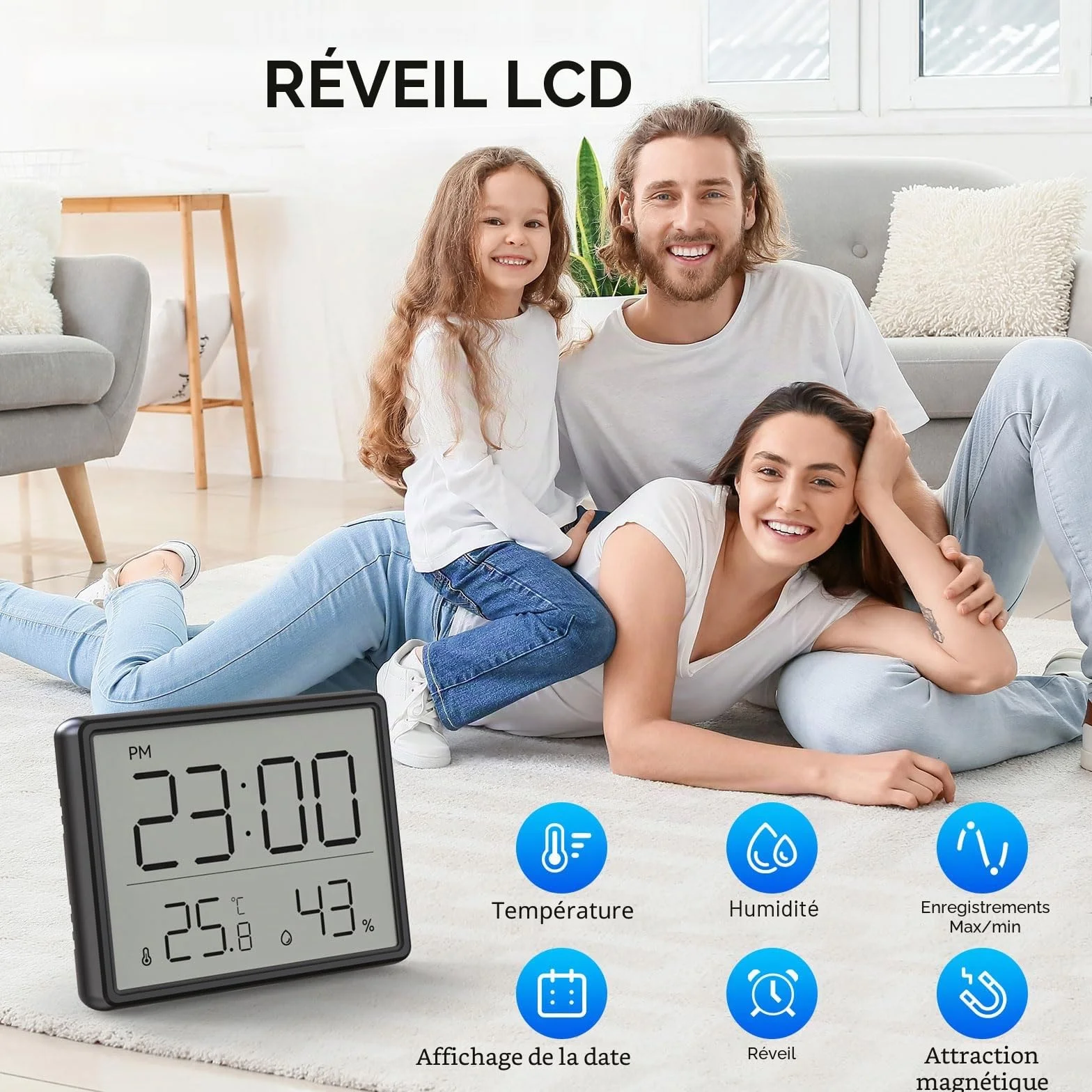 Thermomètre Hygromètre Numérique avec Réveil LCD Température Humidité 12/24 Heures ℃/℉