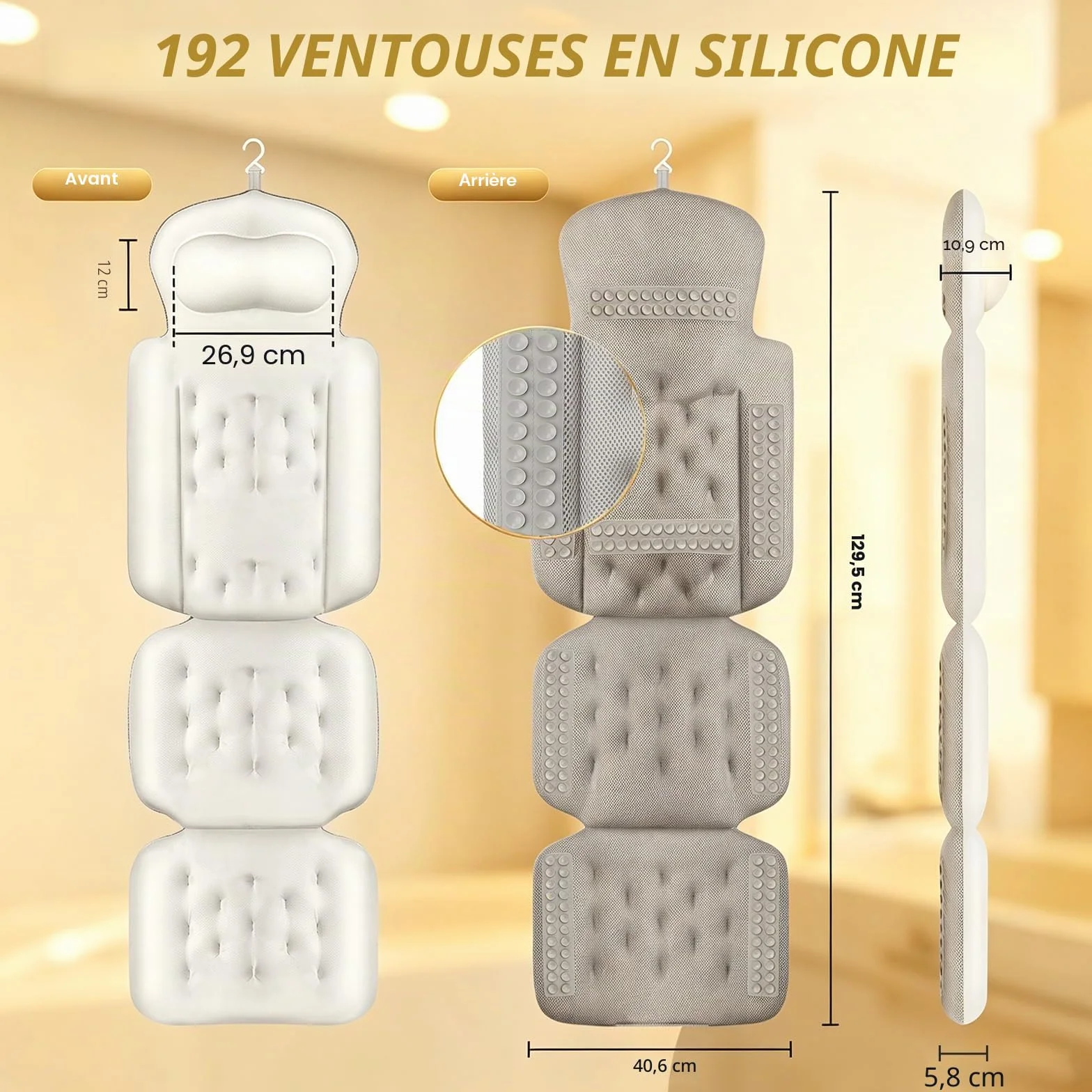 Coussin de bain Sxiiro, luxueux coussin de bain avec 192 ventouses, pour le soutien de la tête et du cou, blanc, 129,5 x 40,6 cm