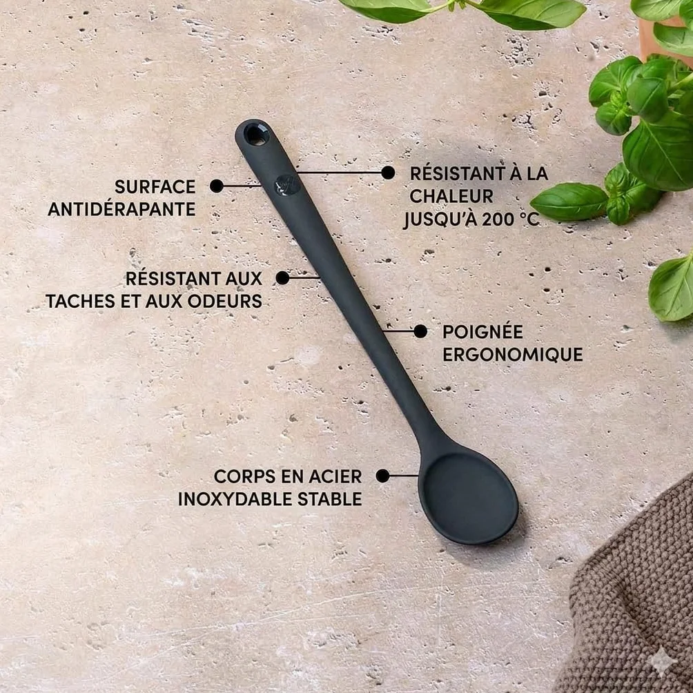 Hoffmann Set Ustensiles de Cuisine 5 Pièces, Anthracite, Silicone Âme Inox, Fouet, Spatule, Cuillère, Louche avec Support, Lave-Vaisselle, Résistant Chaleur, Antiadhésif