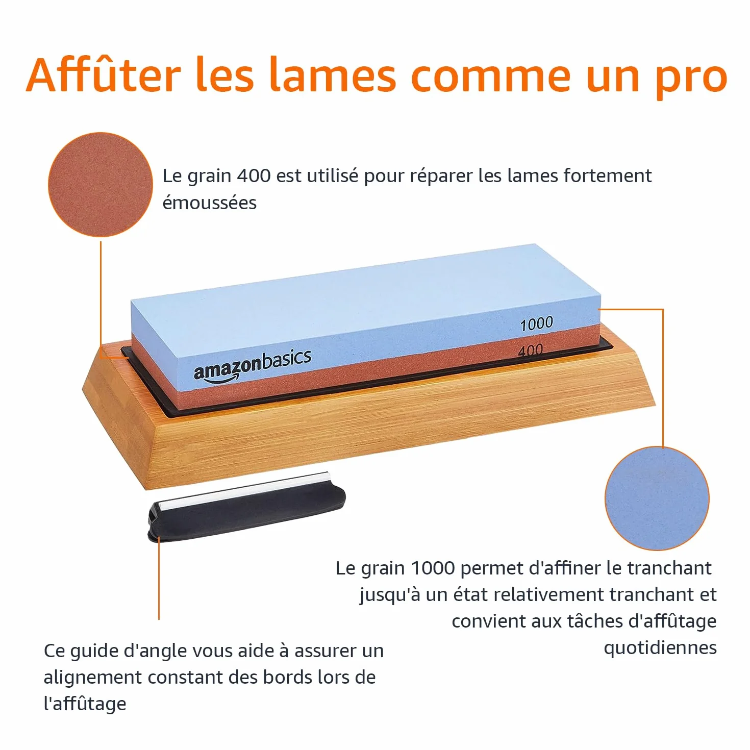 Amazon Basics Pierre à aiguiser pour couteaux double face grain 400/1000 avec base antidérapante en bambou bleu rouge