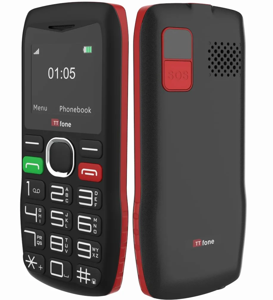Telefon komórkowy dla seniorów, duże przyciski i przycisk SOS, czarny (z kablem USB)