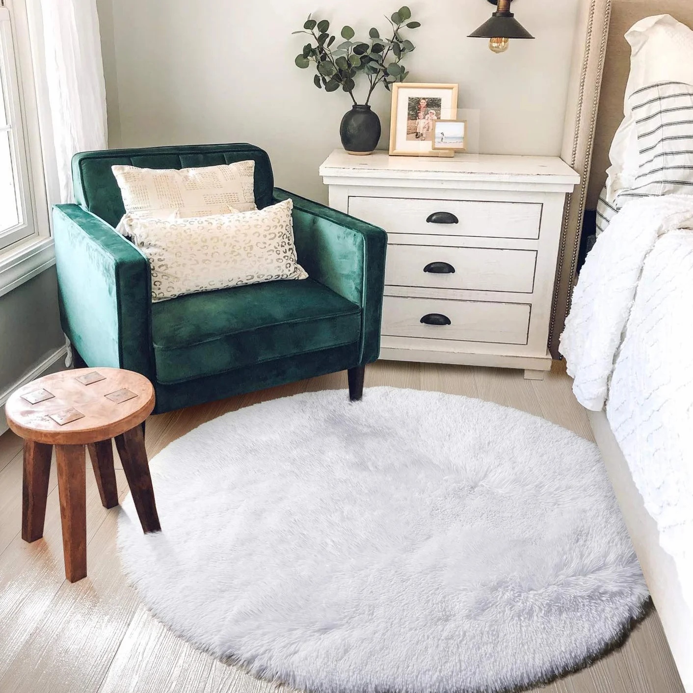 Tapis Rond Moelleux Blanc Chambre à Coucher Peluche Mignon