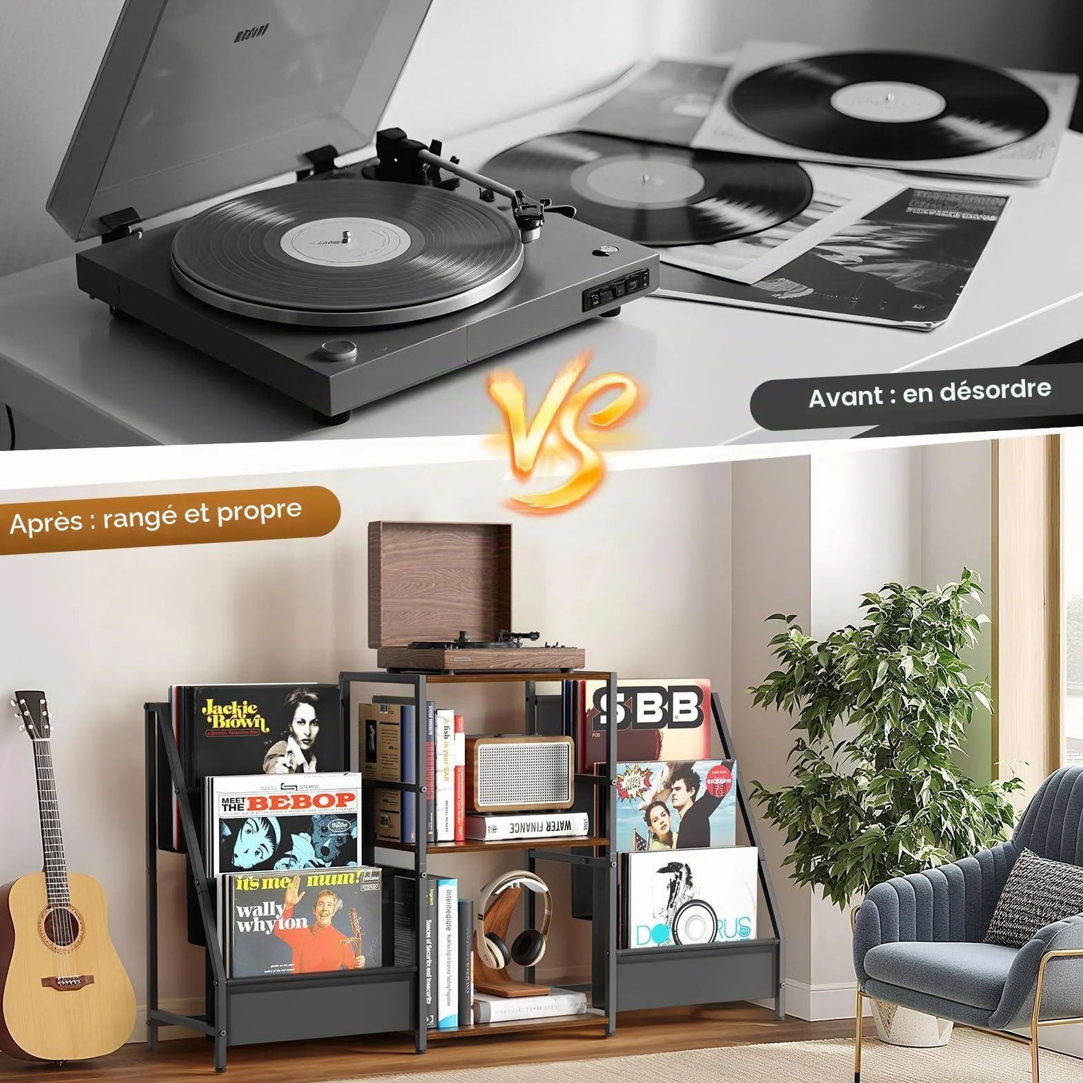 Support de platine vinyle à 3 niveaux pour ranger des disques en vinyle jusqu'à 200 albums, 123 x 30 x 73 cm, support d'affichage et de rangement dans le salon, chambre à coucher
