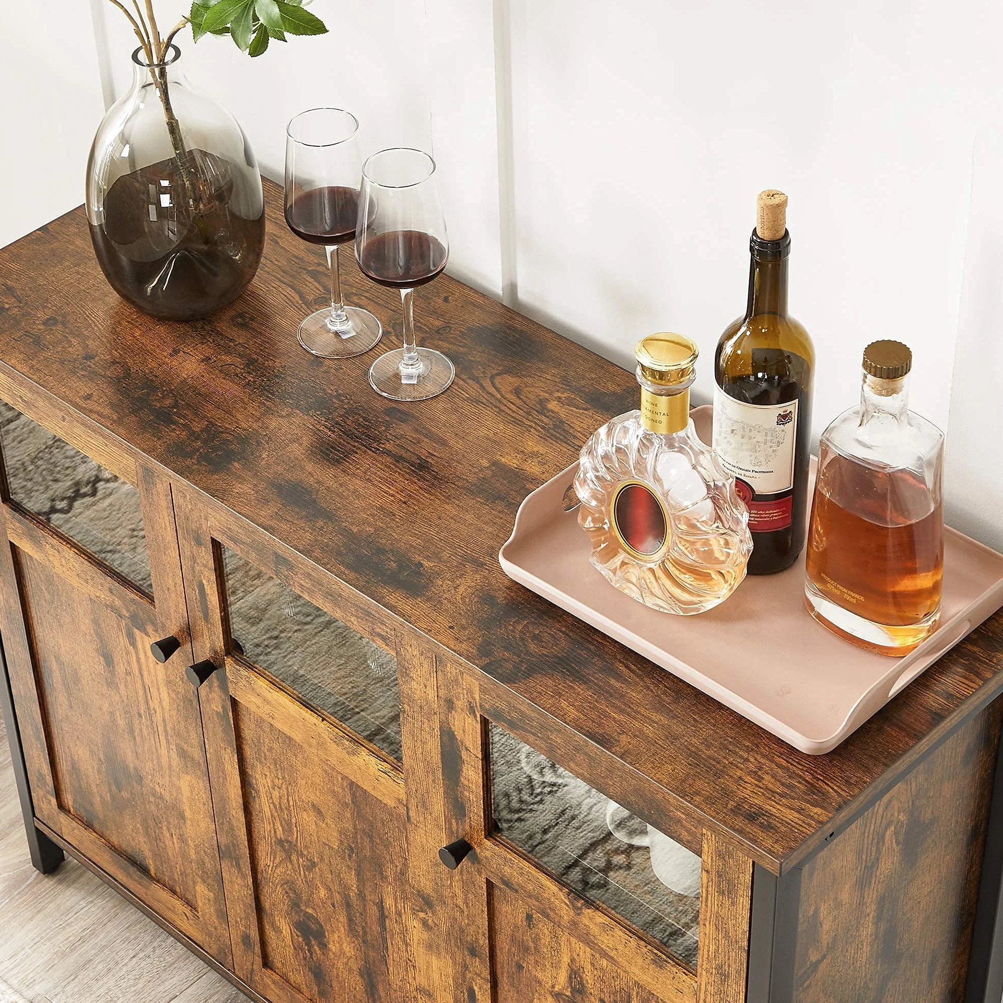 VASAGLE Meuble de Rangement, Buffet, avec Placard 3 Portes, pour Salle à Manger, Salon, Cuisine, entrée, Cadre en Acier, Style Industriel, Marron Rustique et Noir d'encre LSC099B01