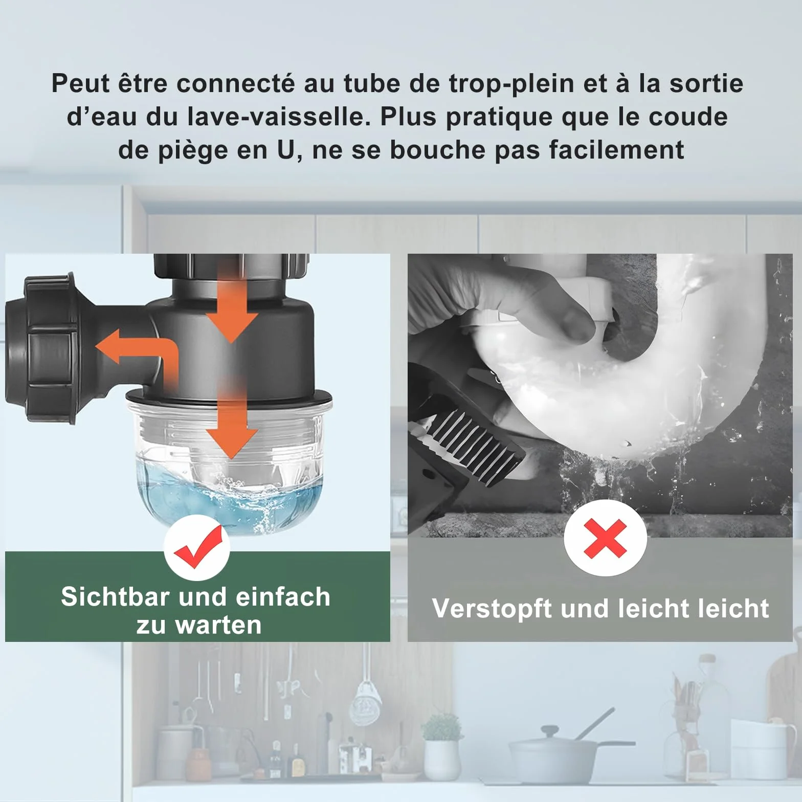 Kit de vidange double évier 1½" siphon P extensible coupelle anti-odeurs visible amovible lavable cuisine salle de bain