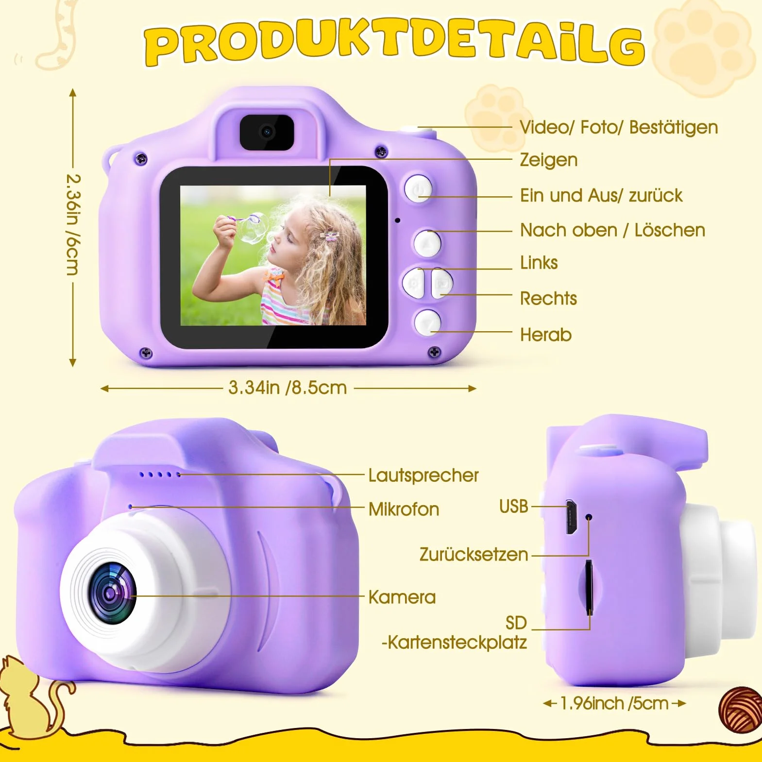 YIKANWEN Aparat cyfrowy dla dzieci, HD z ekranem 2,0", przenośna zabawka dla dziewcząt i chłopców w wieku od 3 do 4 5 6 7 8 lat, w zestawie karta SD 32 GB (fioletowa)