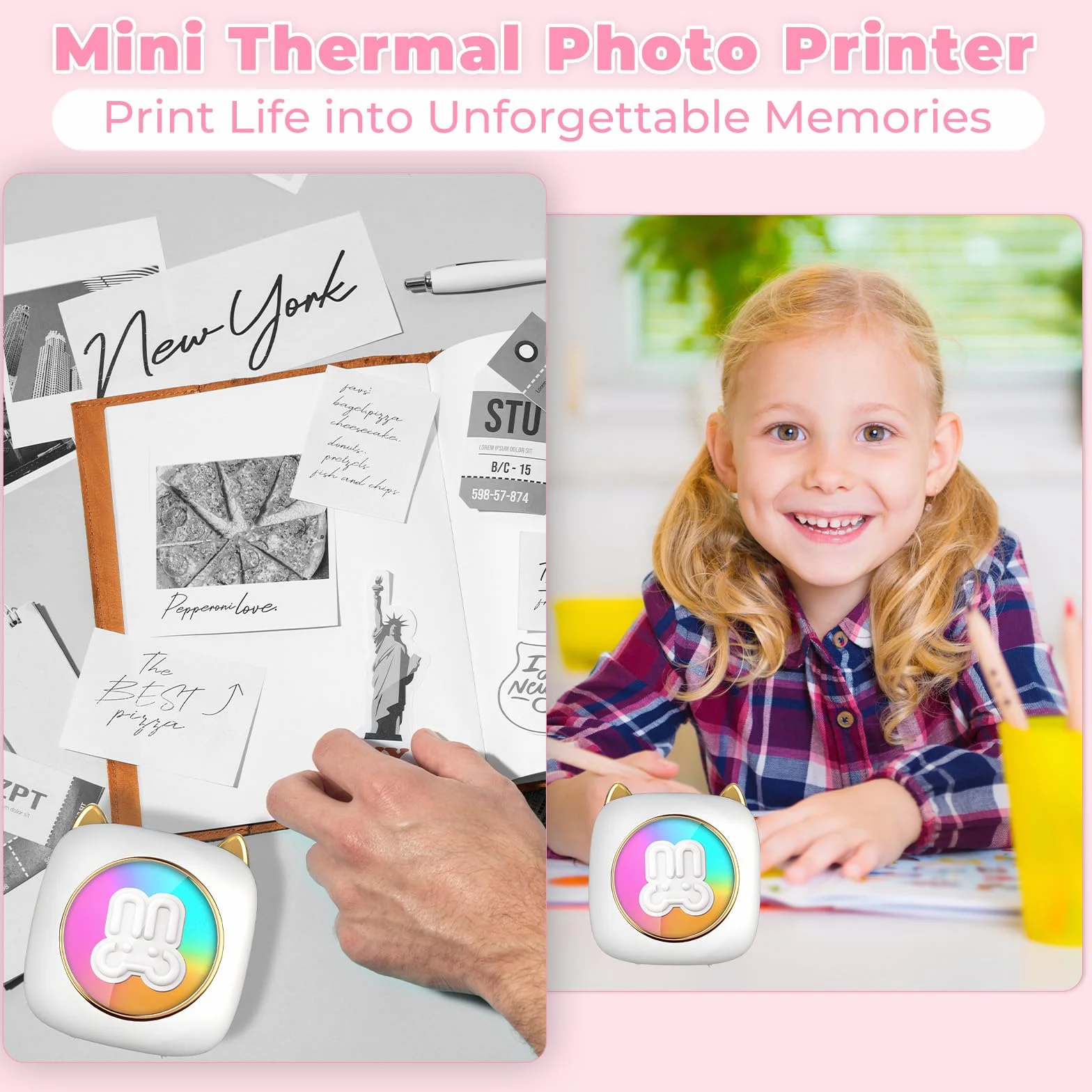 Imprimante Photo Thermique sans Fil Bluetooth Mini Portable avec 14 Rouleaux de Papier pour iOS Android