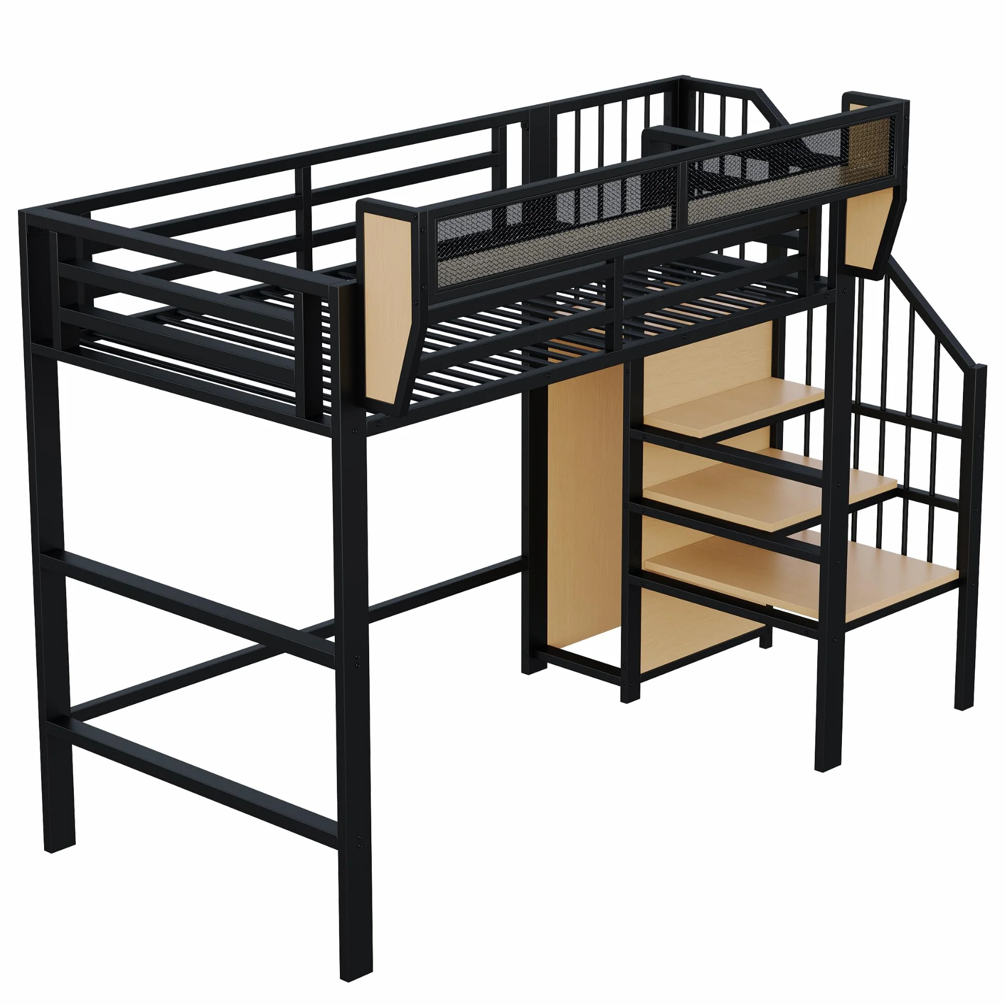 Merax Lit Mezzanine 90x200 cm en métal, avec échelle sécurisée, étagère de Rangement Amovible, lit surélevé Adulte/Enfant, Noir (sans Matelas)