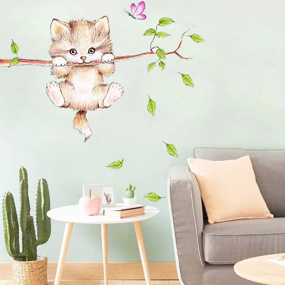 WandSticker4U® Autocollant mural CHAT MIGNON 77x55 cm animaux forêt arbre branche fleurs décoration murale chambre enfant
