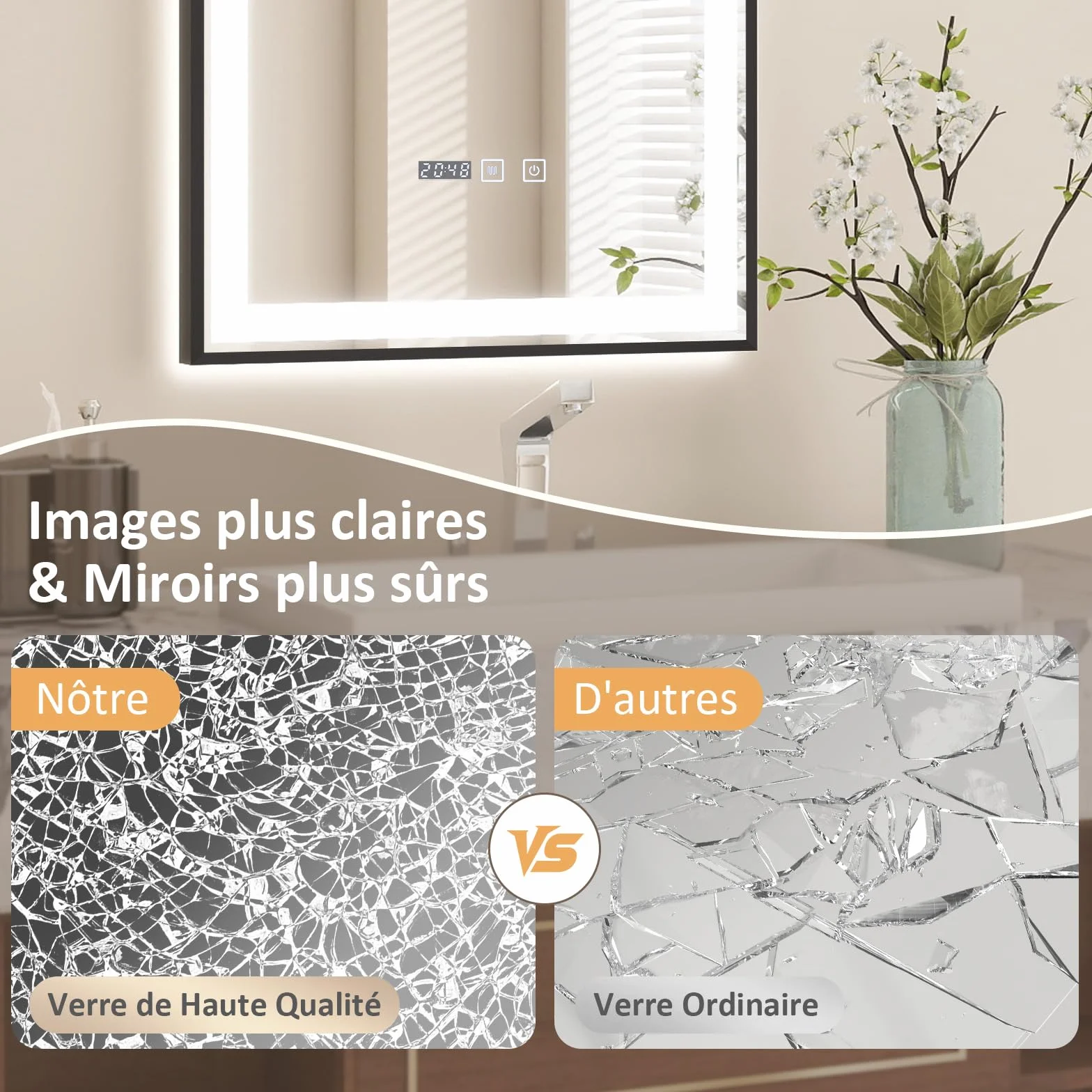 YOURLITE Miroir de Salle de Bain avec Éclairage LED 50x70cm, Fonction Antibuée Étanche Ip44 Lumière Chaude,Naturelle et Froide,Luminosité Réglables, avec Affichage Heure et Température