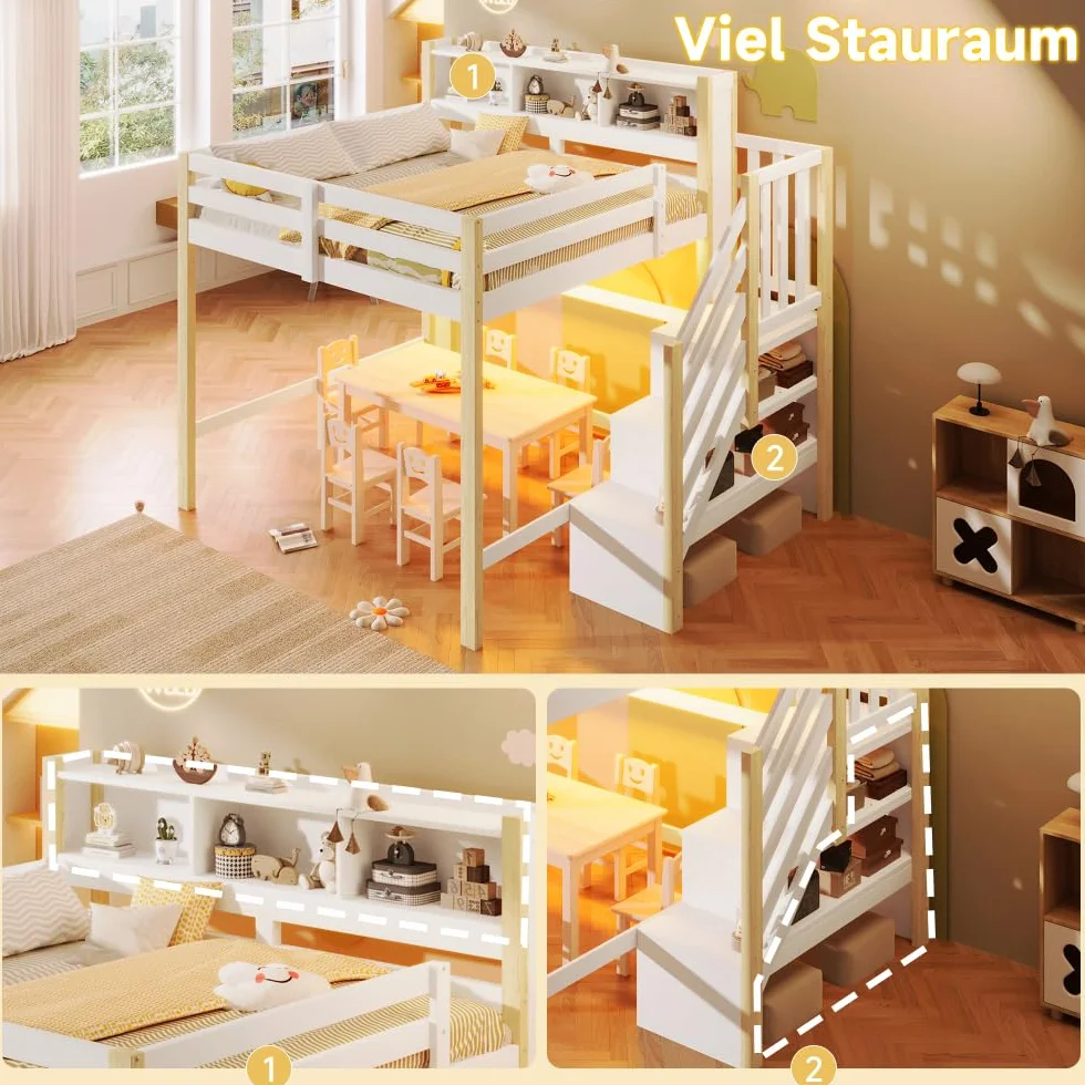 Sapgaks Lit Mezzanine Enfants 90x200cm,lit superposé Enfant avec lumières LED,lit Enfant avec Rangement sous Le lit,lit Enfant avec Barriere,échelle de Rangement,Blanc + Naturel