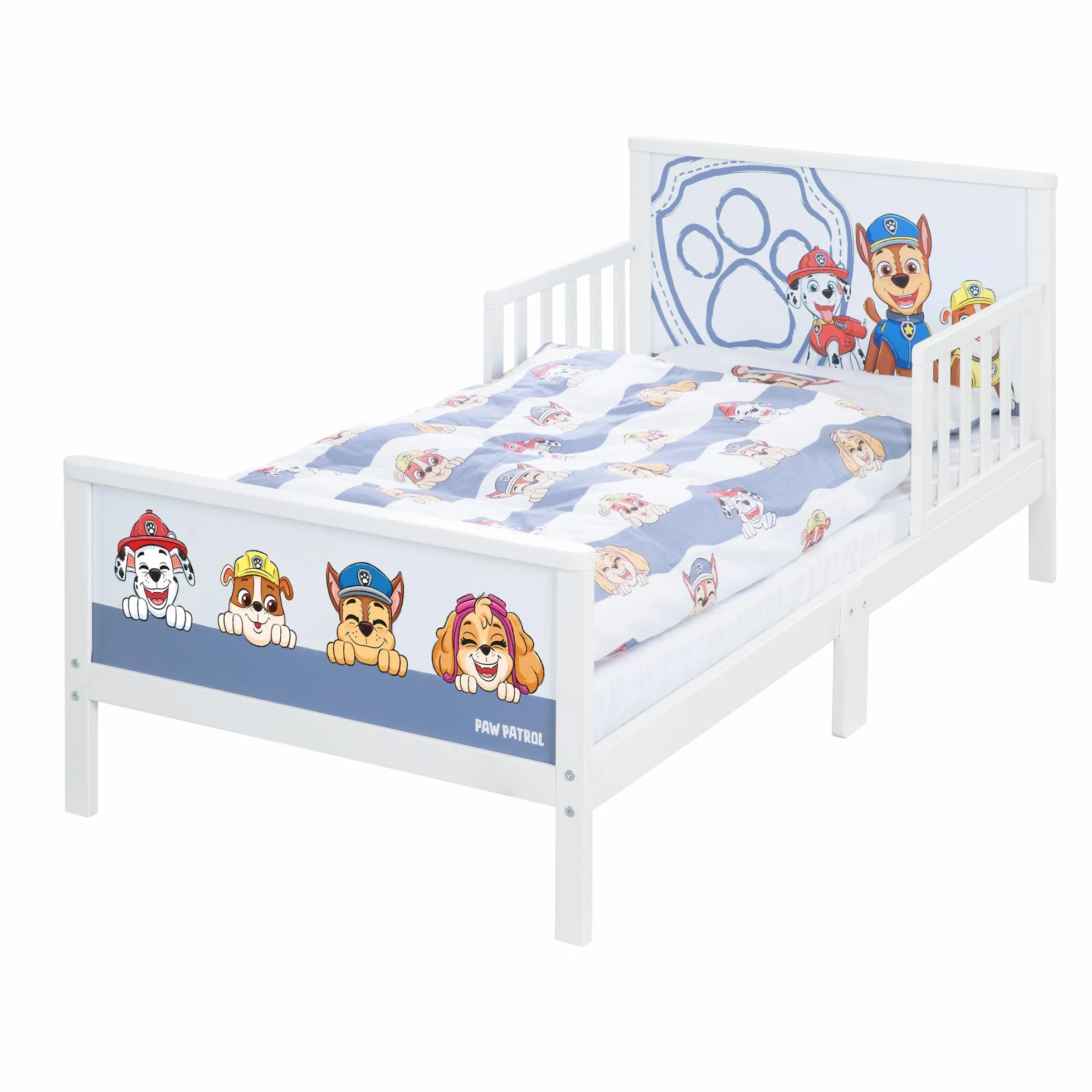 roba Paw Patrol Lit Montessori 70 x 140 cm avec Barrières de Sécurité pour Enfant Jusqu'à 7 Ans + Sommier et Linge de Lit - Blanc/Motif Chiens Chase Marcus Ruben Stella