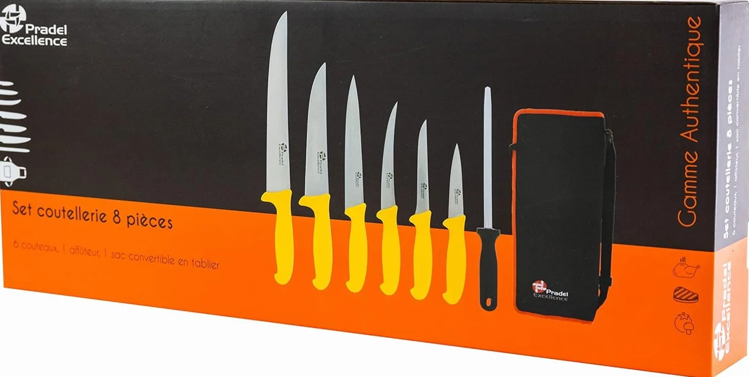 Pradel Excellence Sac Couteaux de Boucher 7 Pièces - 6 Couteaux + 1 Fusil d’Affûtage - Lames Inox Compatibles Lave-Vaisselle
