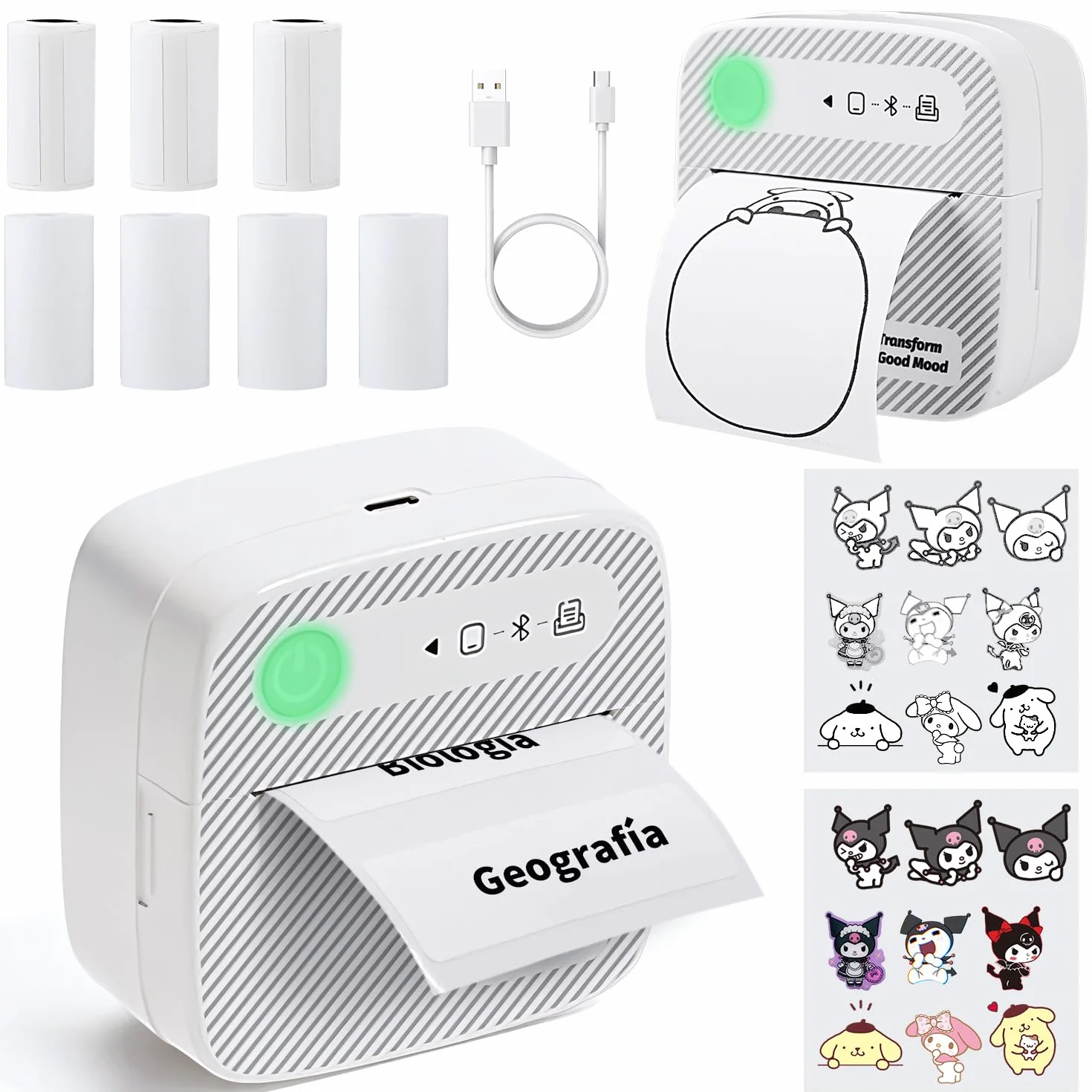 JESWO Mini Imprimante Thermique Bluetooth Portable avec 4 Rouleaux Papier 3 Rouleaux Étiquettes iOS Android