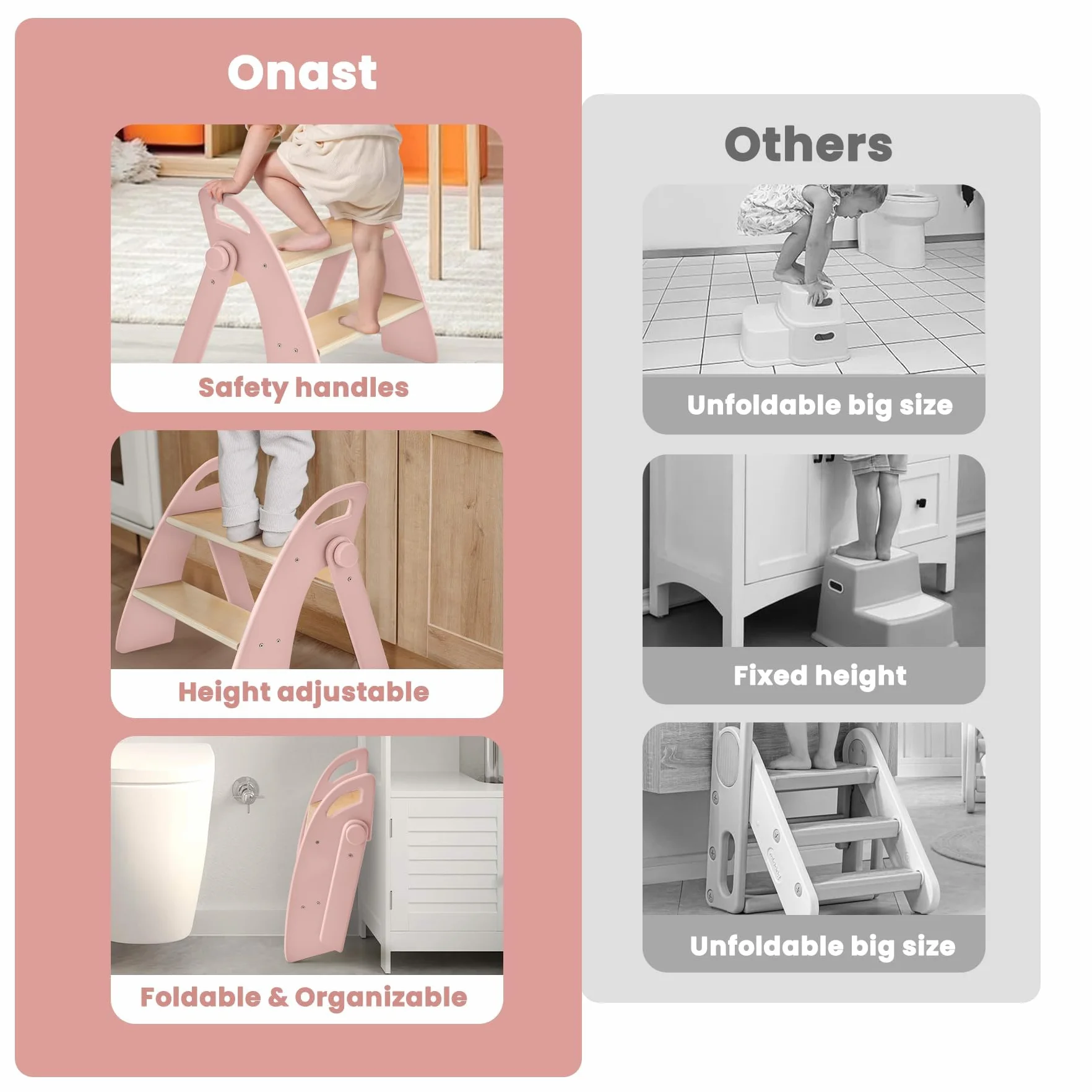 Marche Pied Pliable à 2 Marches en Bois pour Enfants, Capacité de 130 kg avec Tapis Antidérapant et Poignées, Tabouret pour Chambre, Salle de Bain, Cuisine, Rose