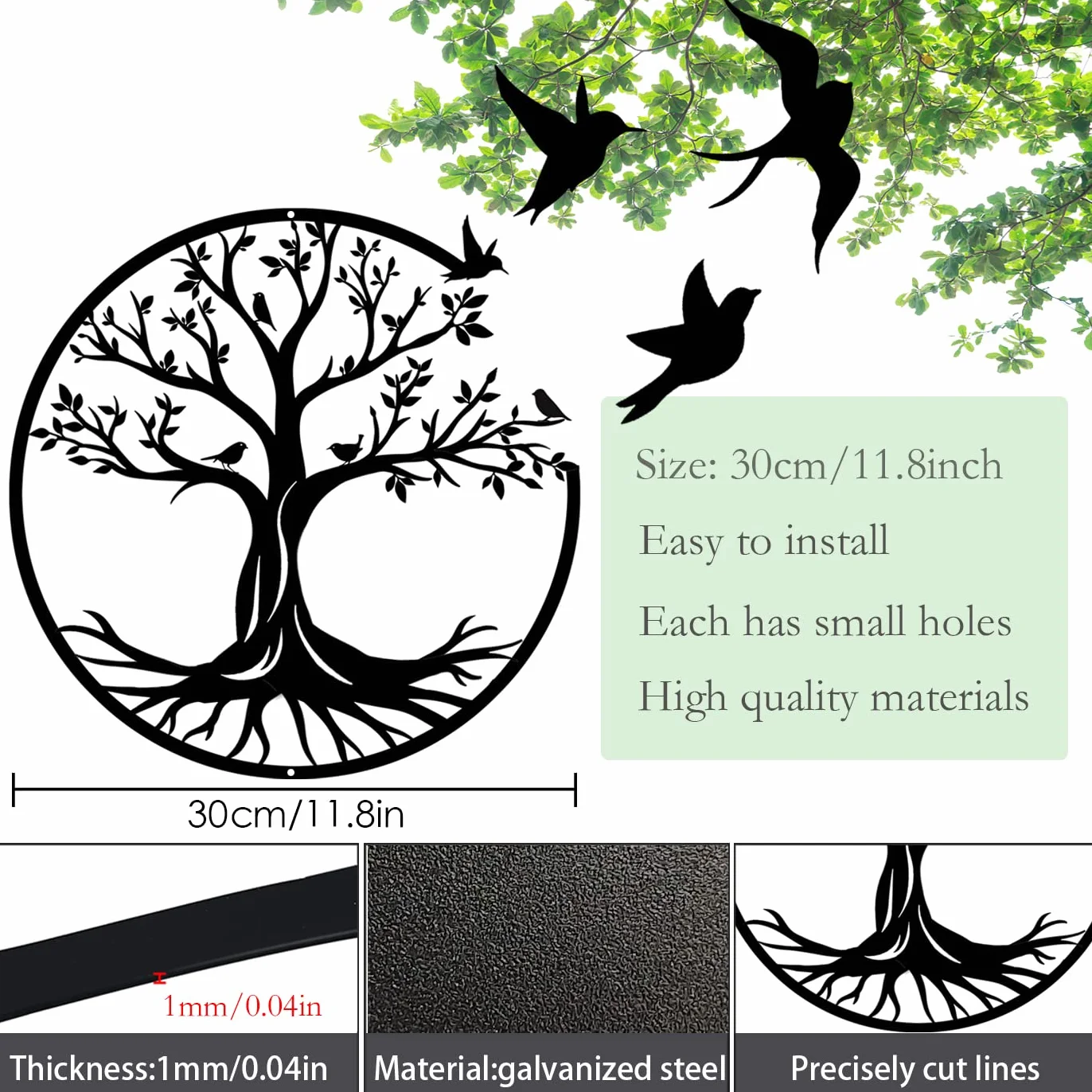 Pduoduo 30cm Arbre de vie en métal Décoration Murale avec Petit oiseau pour Jardin Maison (11.8 pouces)