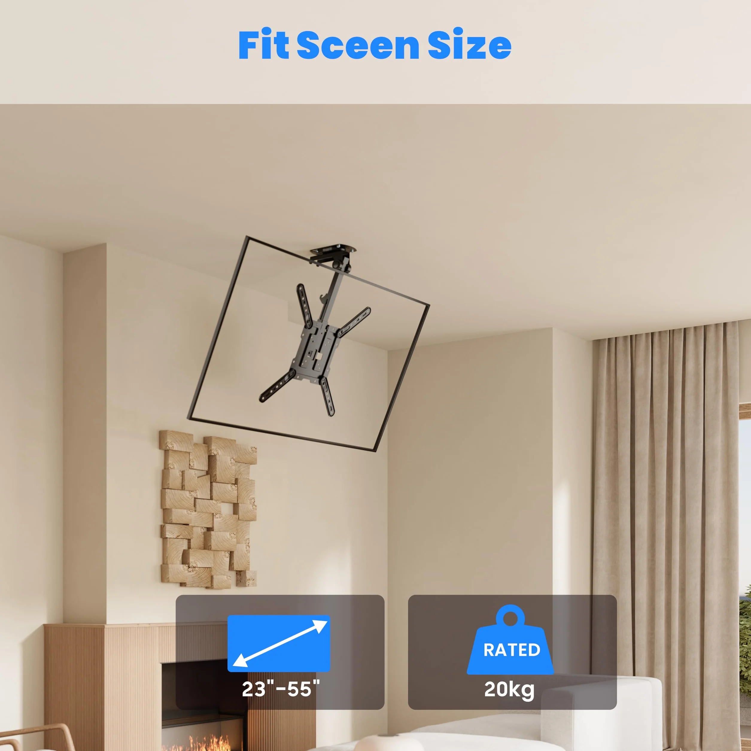 PureMounts Support TV pour Plafond, adapté aux téléviseurs 23-55 Pouces, Pliable, réglable en Hauteur, pivotant, inclinable, jusqu'à VESA 400x400, Noir