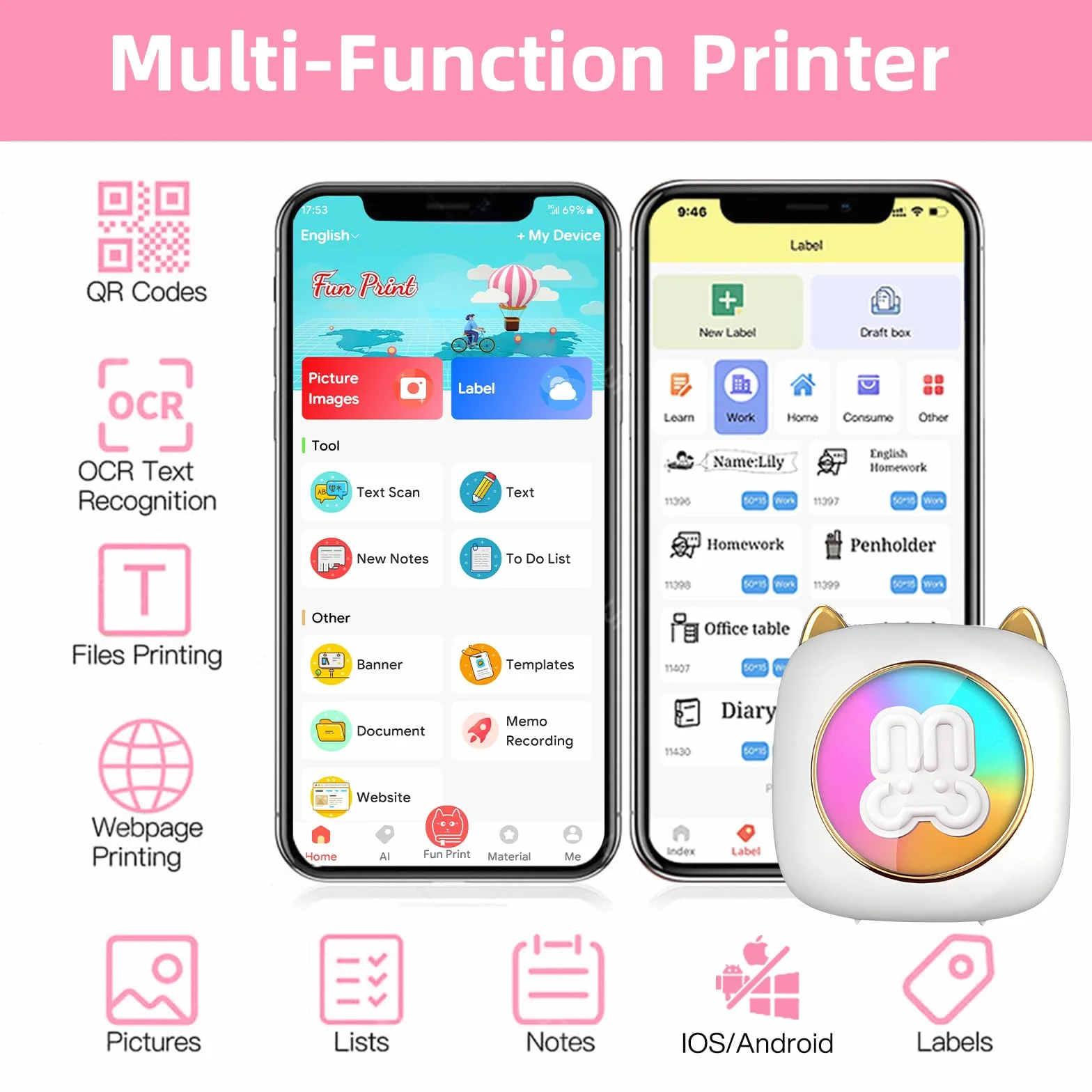 Imprimante Photo Thermique sans Fil Bluetooth Mini Portable avec 14 Rouleaux de Papier pour iOS Android