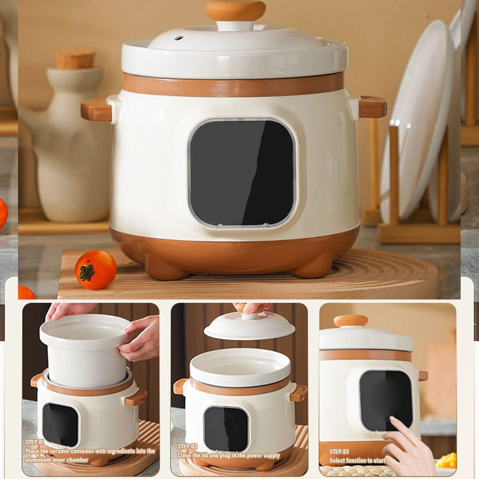 Marmite électrique, Cuiseur de Bouillie de Soupe en Céramique, Mijoteuses 235W avec Couvercle, Marmite électrique en Céramique de 1,8 L pour Simple (Prise UE)