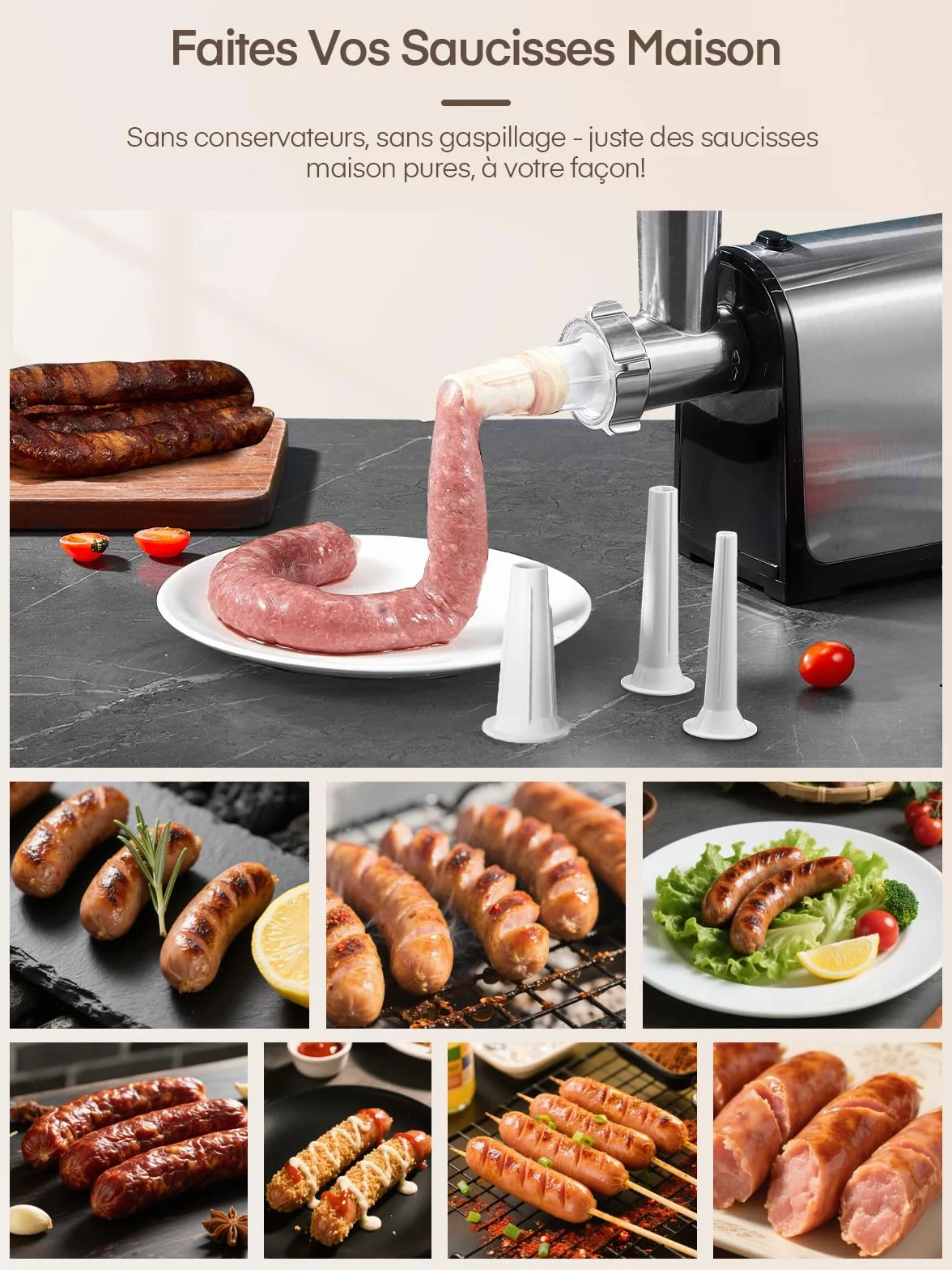 3 en 1 Hachoir à Viande Électrique Professionnel avec 3 Plaques Abrasives en Acier Inoxydable, 1 Kubbe et 3 tubes de Remplissage de Saucisses, 2000W Max