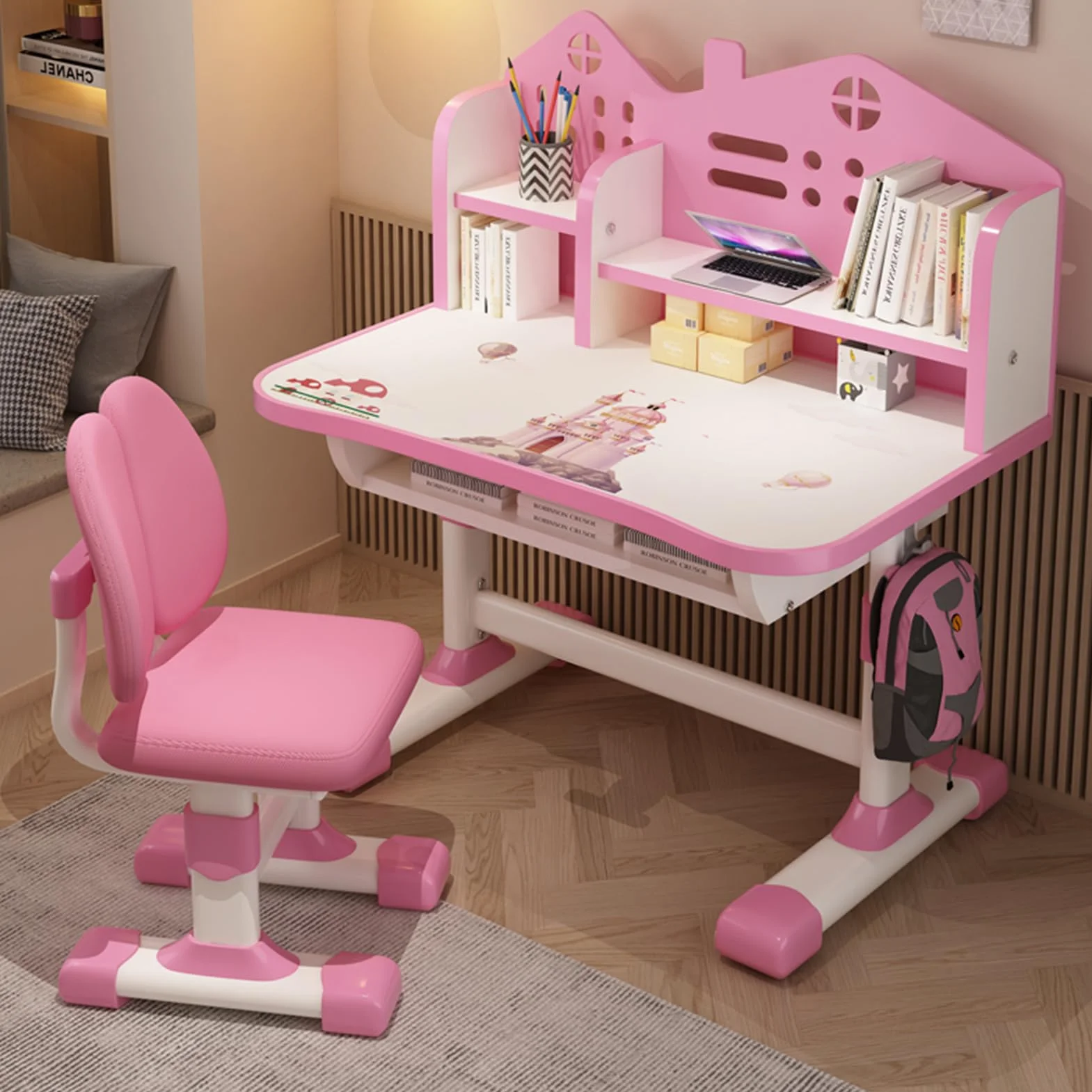 Ensemble bureau et chaise pour enfants, bureau d'étude pour enfants à hauteur réglable avec étagère et grands tiroirs, bureau princesse préscolaire pour garçons et filles de 3 ans et plus (bleu)